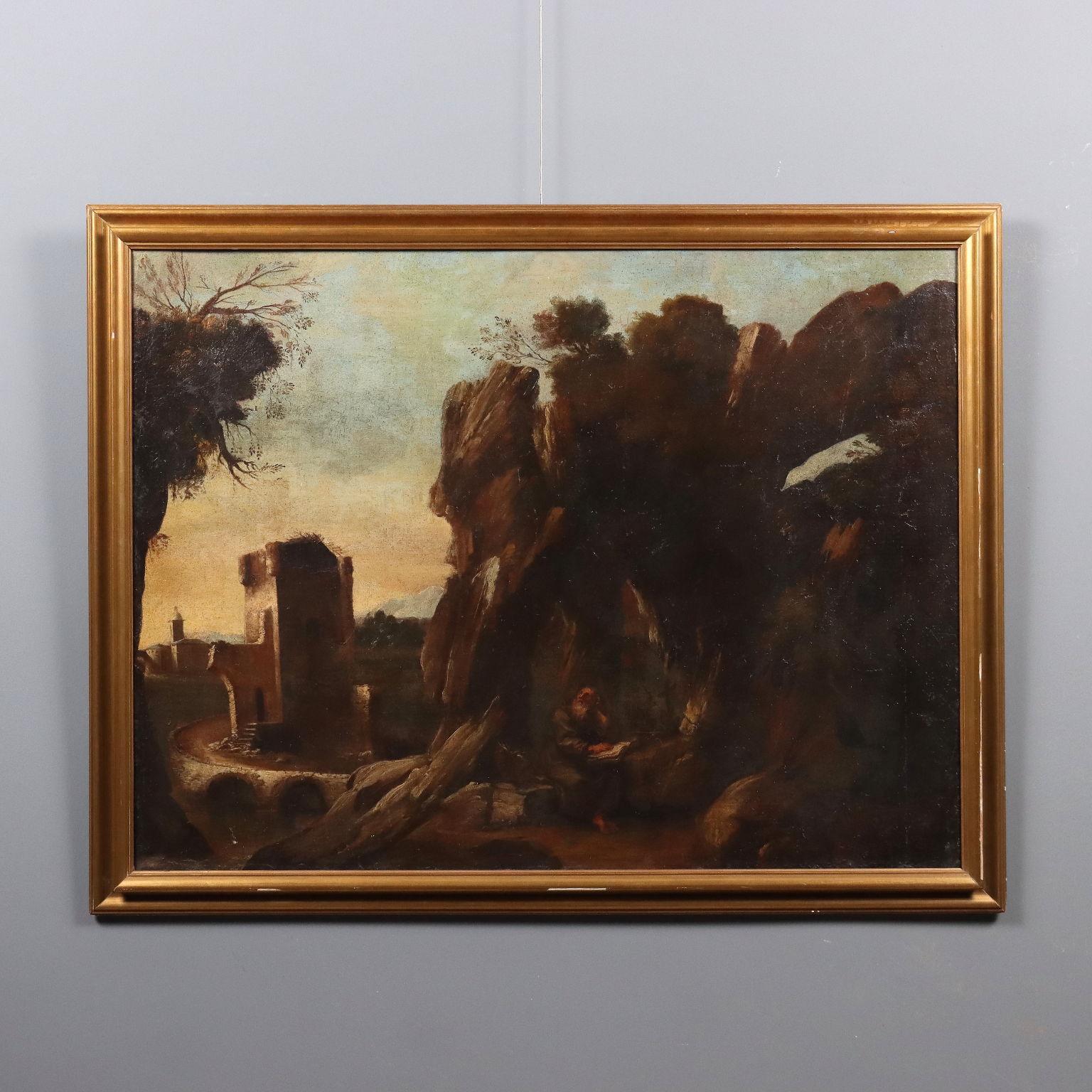 Unknown Landscape Painting - Painted Landscape with Hermit Saint 17th-18th century