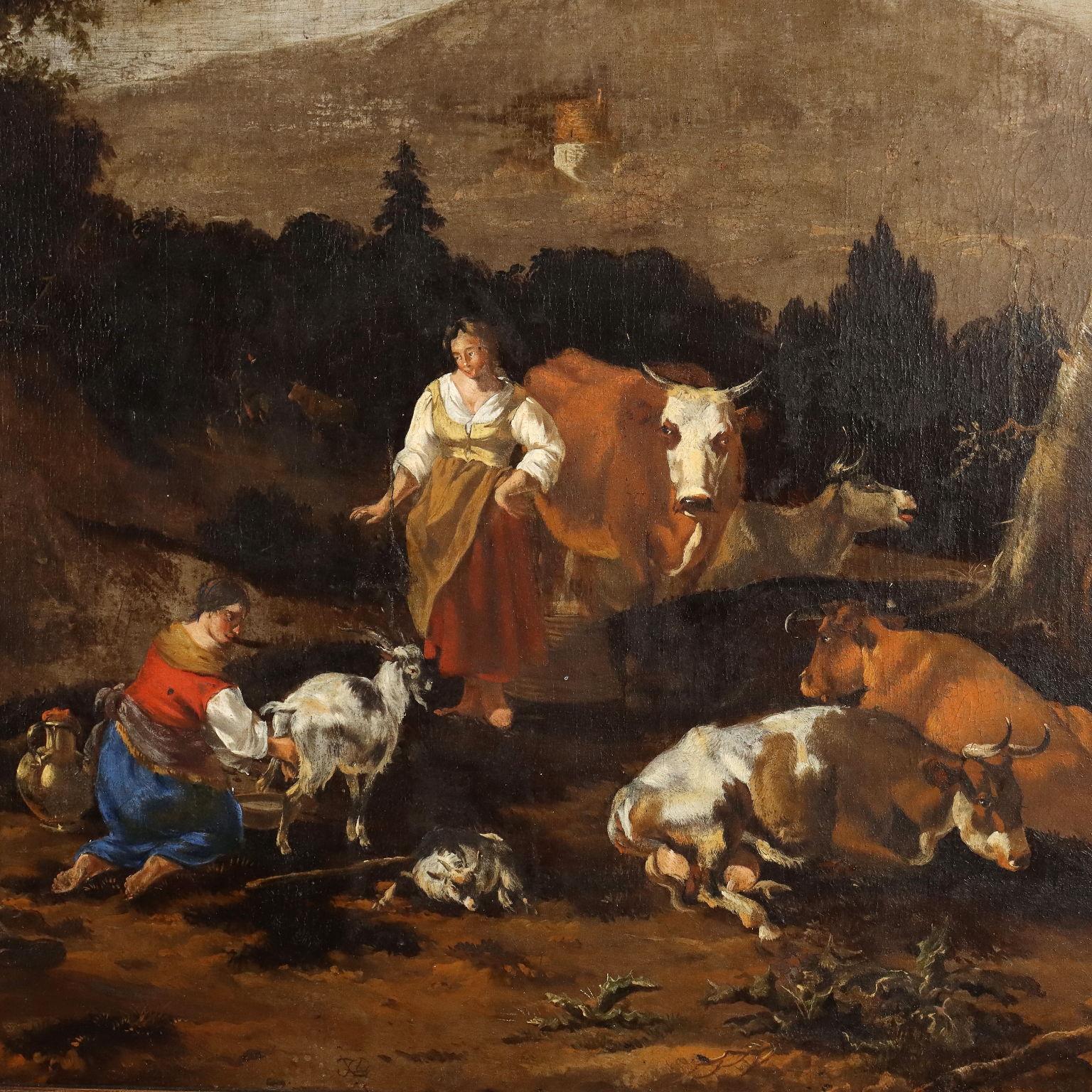 Gemälde Landschaft mit Melkszene 18. Jahrhundert (Sonstige Kunststile), Painting, von Unknown