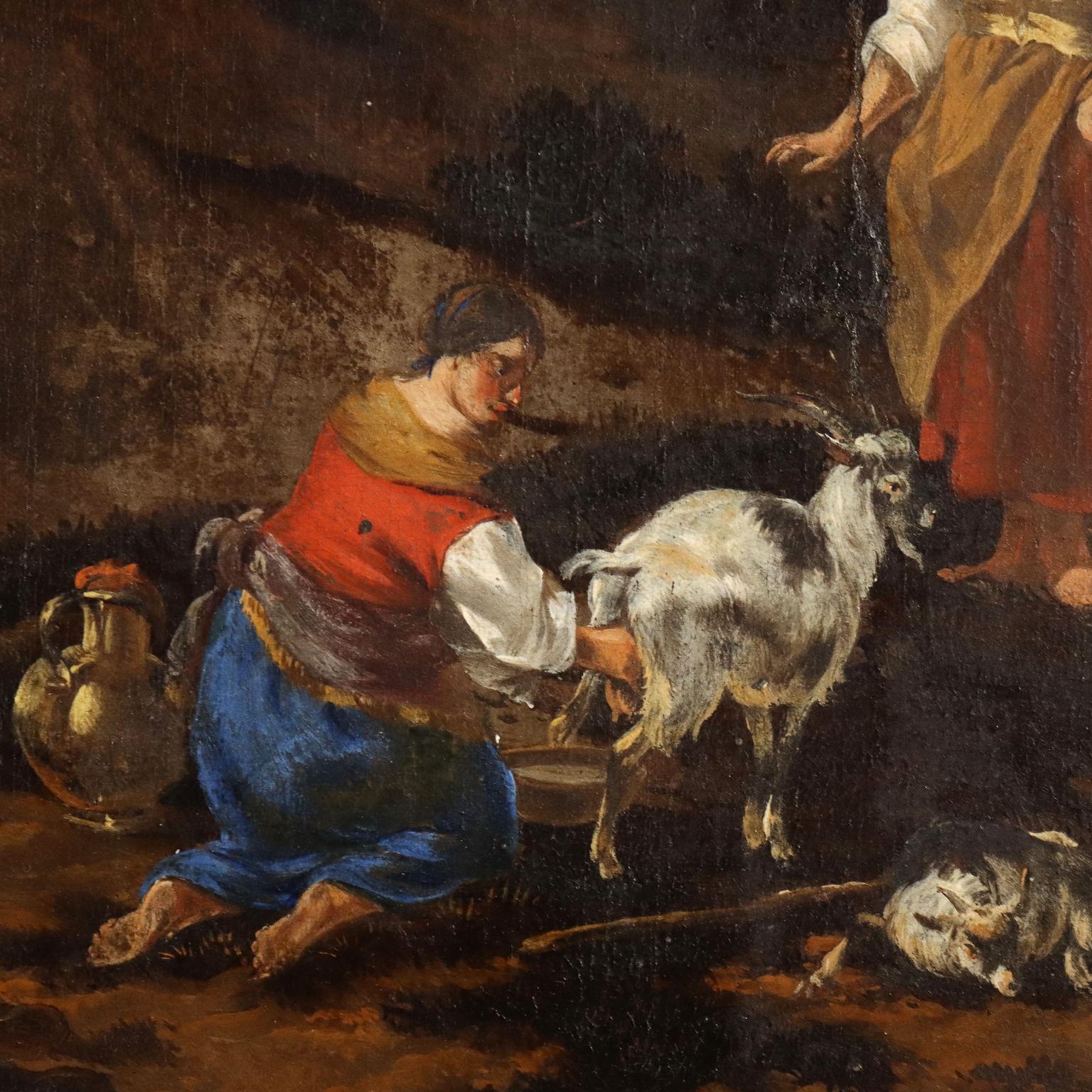 Olio su tela. In basso al centro è visibile un piccolo monogramma JDB.
Il dipinto risulta attribuito a Johannes Van Der Bent, artista fiammingo operante nella seconda metà del XVII secolo, e specialista di paesaggi con scene di vita pastorale,