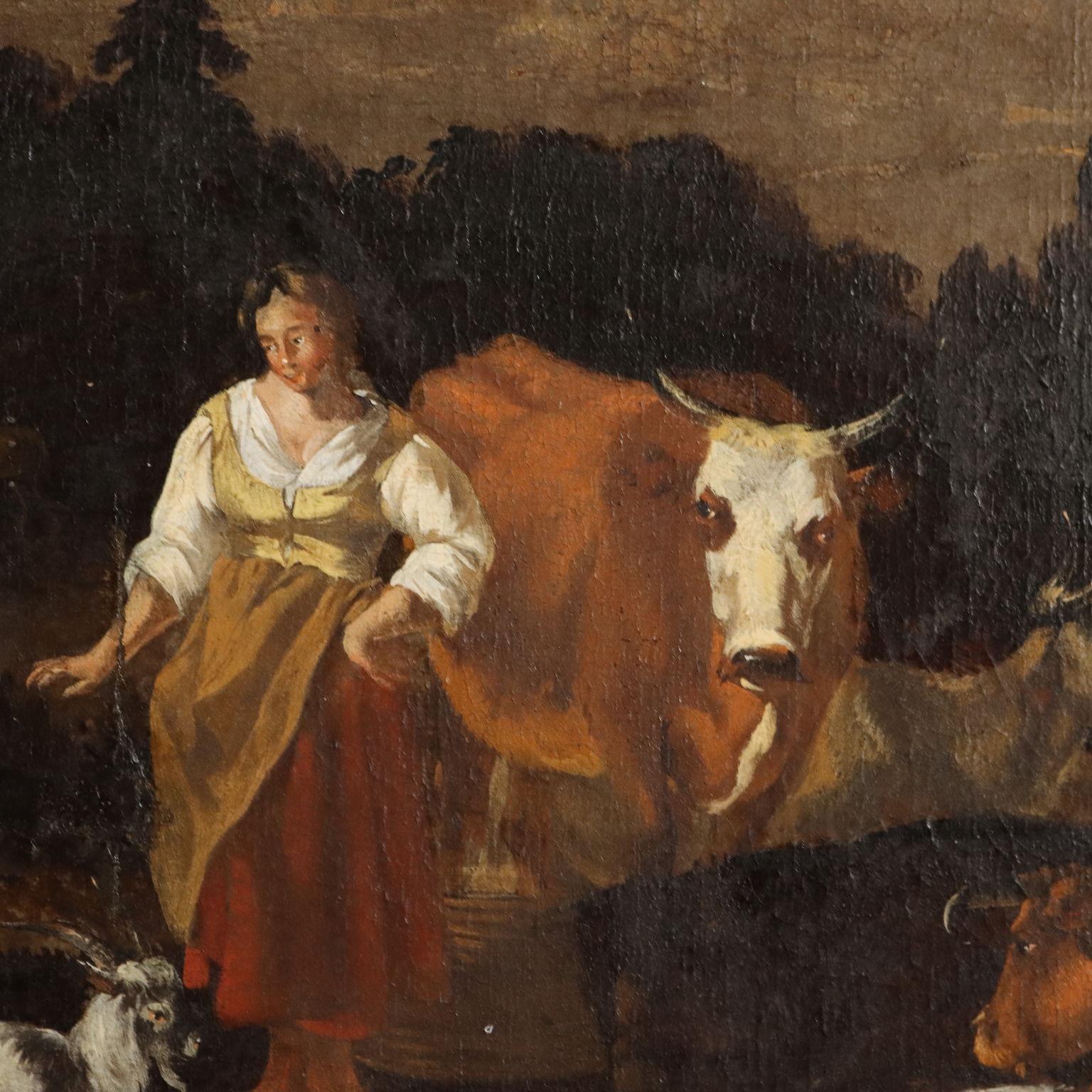 Dipinto Paesaggio con Scena di Mungitura XVIII secolo 1