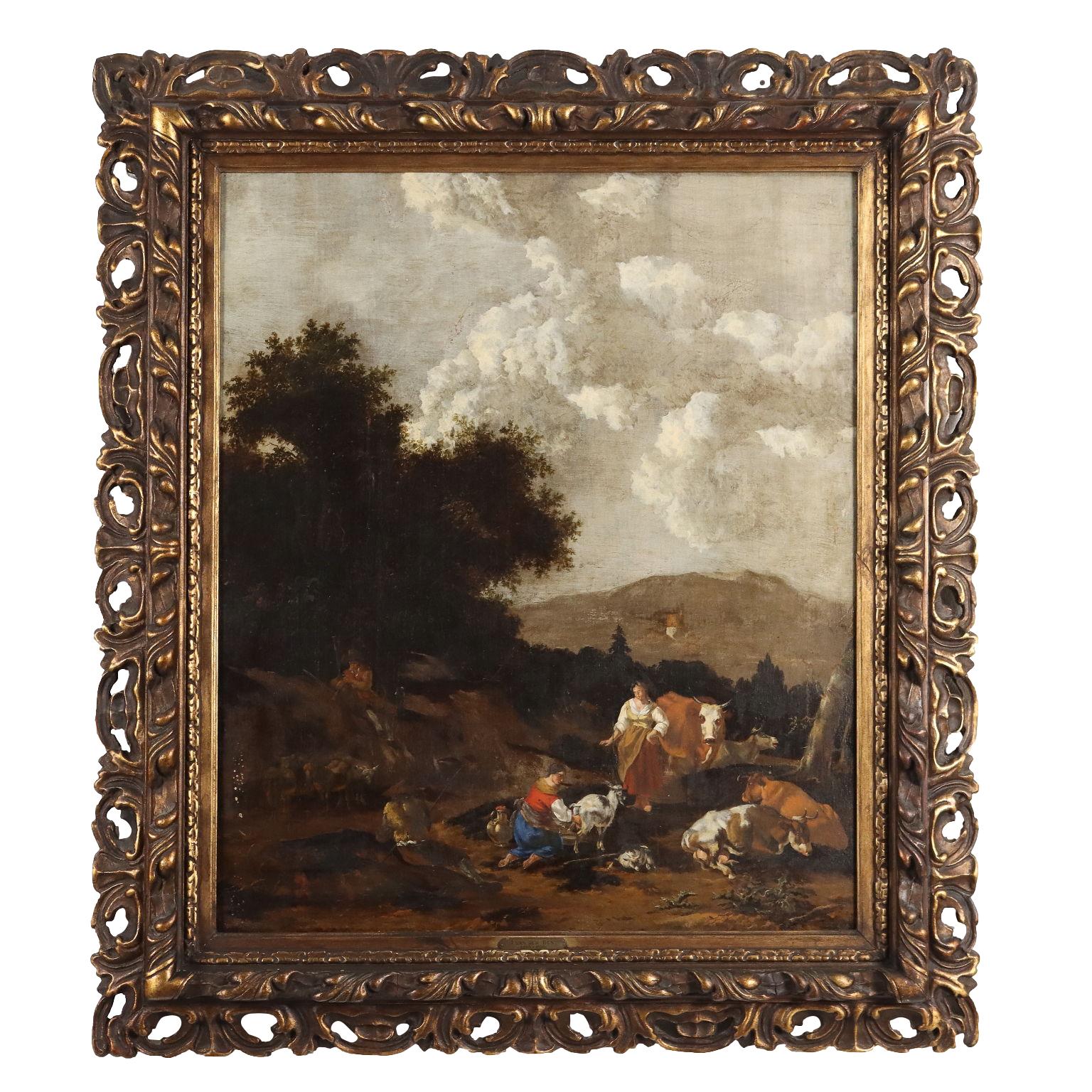 Unknown Figurative Painting - Dipinto Paesaggio con Scena di Mungitura XVIII secolo