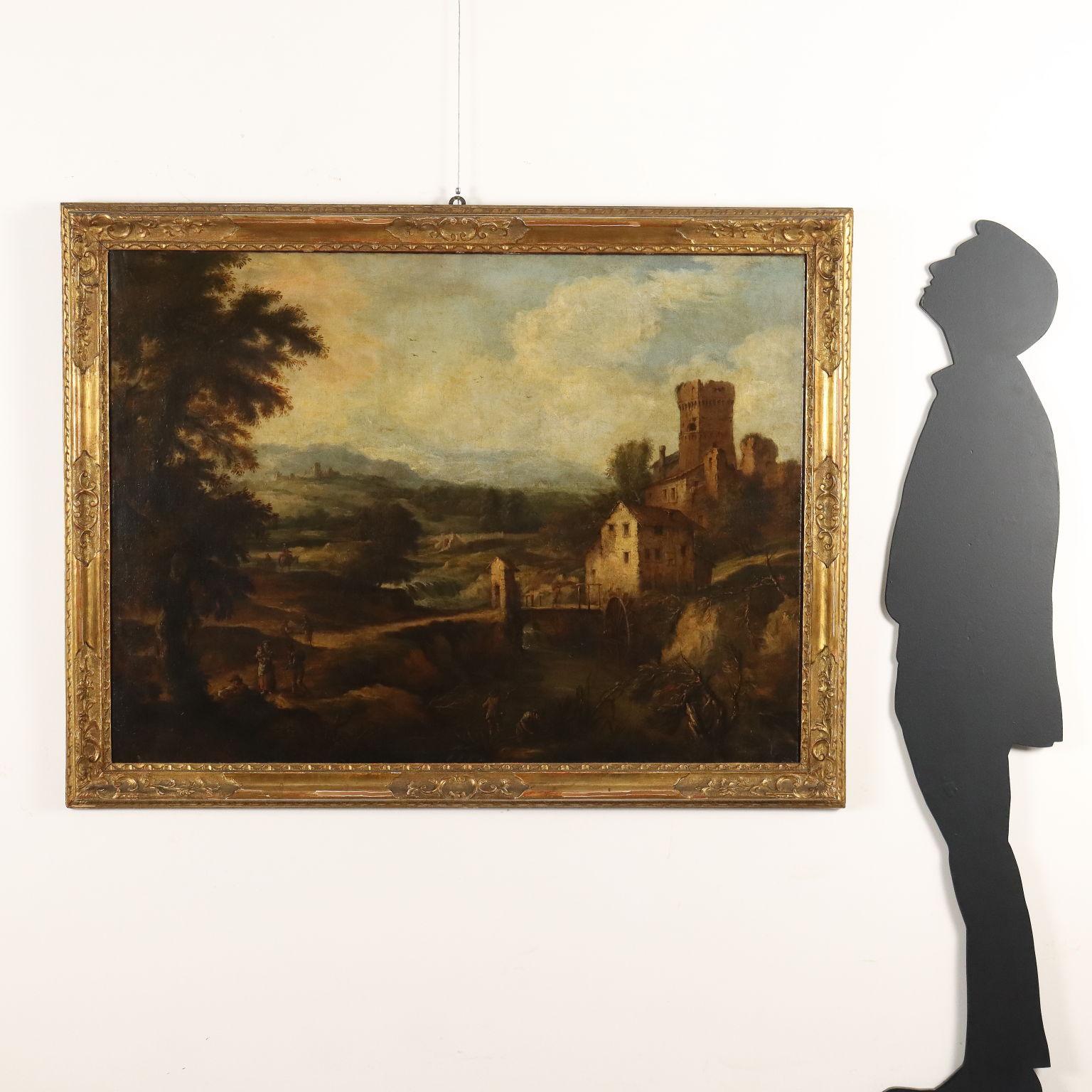 Landschaftsgemälde mit Mühlbach und Figuren 18. Jahrhundert – Painting von Unknown