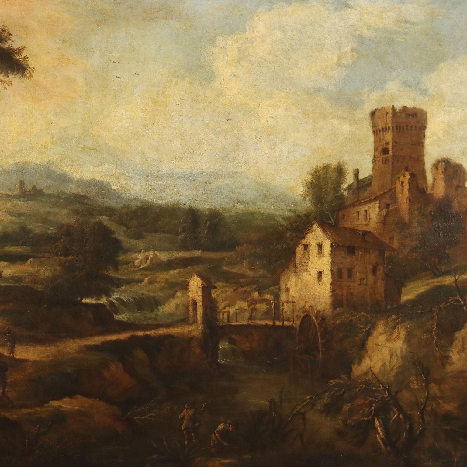 Landschaftsgemälde mit Mühlbach und Figuren 18. Jahrhundert (Sonstige Kunststile), Painting, von Unknown