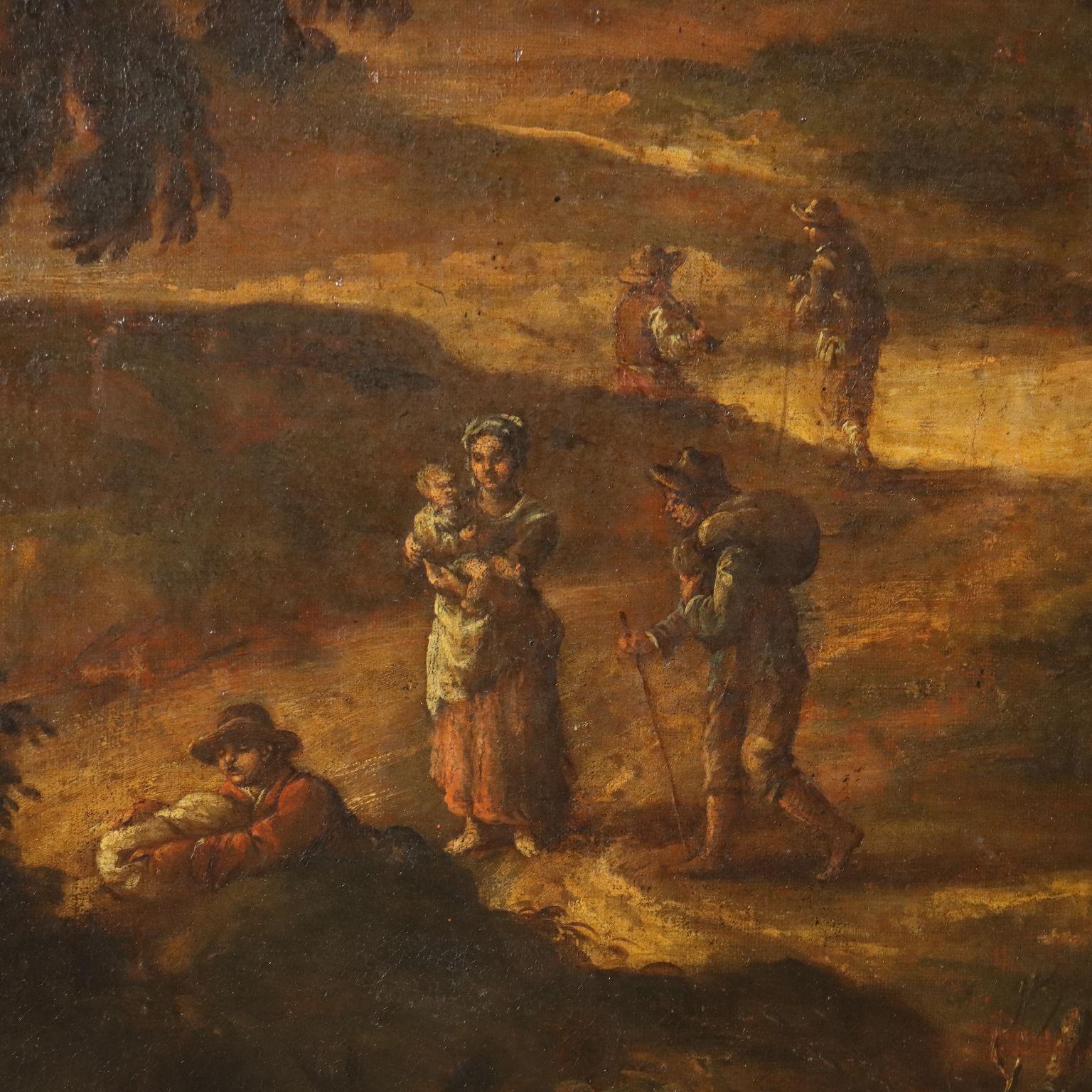 Landschaftsgemälde mit Mühlbach und Figuren 18. Jahrhundert (Brown), Landscape Painting, von Unknown
