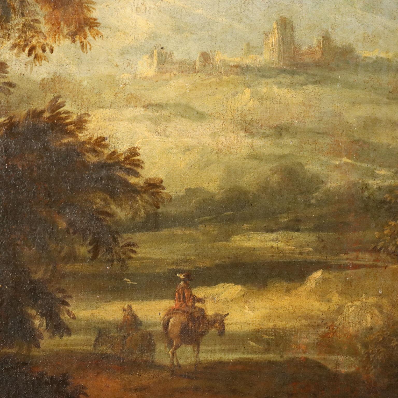 Öl auf Leinwand. Venetische Schule aus dem 18.
Eine große voralpine Hügellandschaft, durch die ein Bach fließt, der die Mühle im Vordergrund rechts erreicht, während zahlreiche Figuren von Bürgern den Weg zum Gebäude beleben, die verschiedenen
