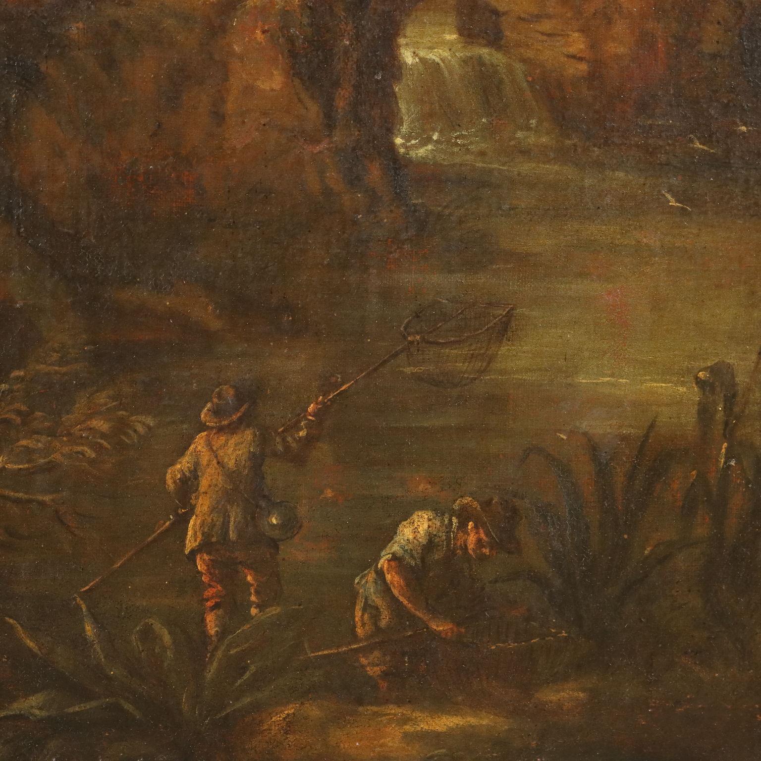 Landschaftsgemälde mit Mühlbach und Figuren 18. Jahrhundert im Angebot 1