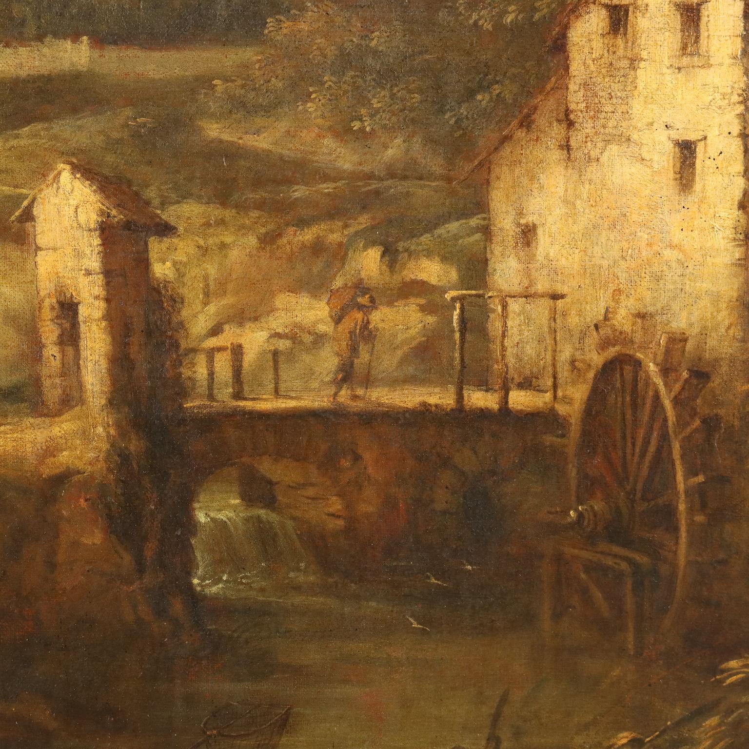 Landschaftsgemälde mit Mühlbach und Figuren 18. Jahrhundert im Angebot 2