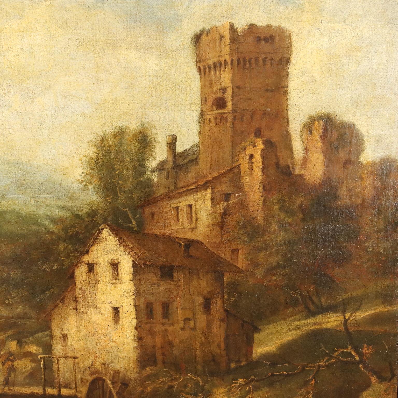 Landschaftsgemälde mit Mühlbach und Figuren 18. Jahrhundert im Angebot 3