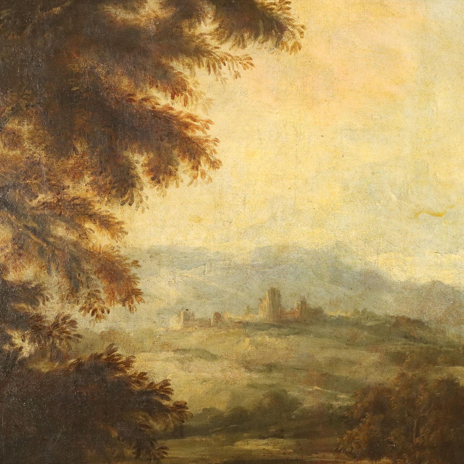 Landschaftsgemälde mit Mühlbach und Figuren 18. Jahrhundert im Angebot 4