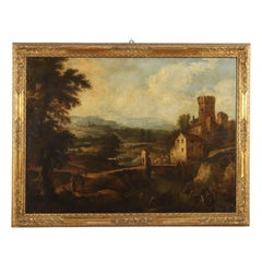 Pintura de paisaje con arroyo del molino y figuras Siglo XVIII