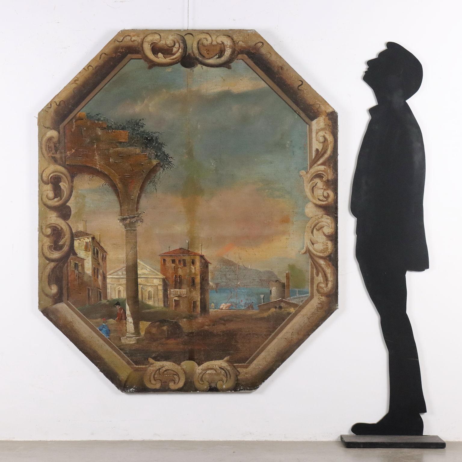 Gemälde Küstenlandschaft mit Gebäuden und Figuren 18. Jahrhundert – Painting von Unknown