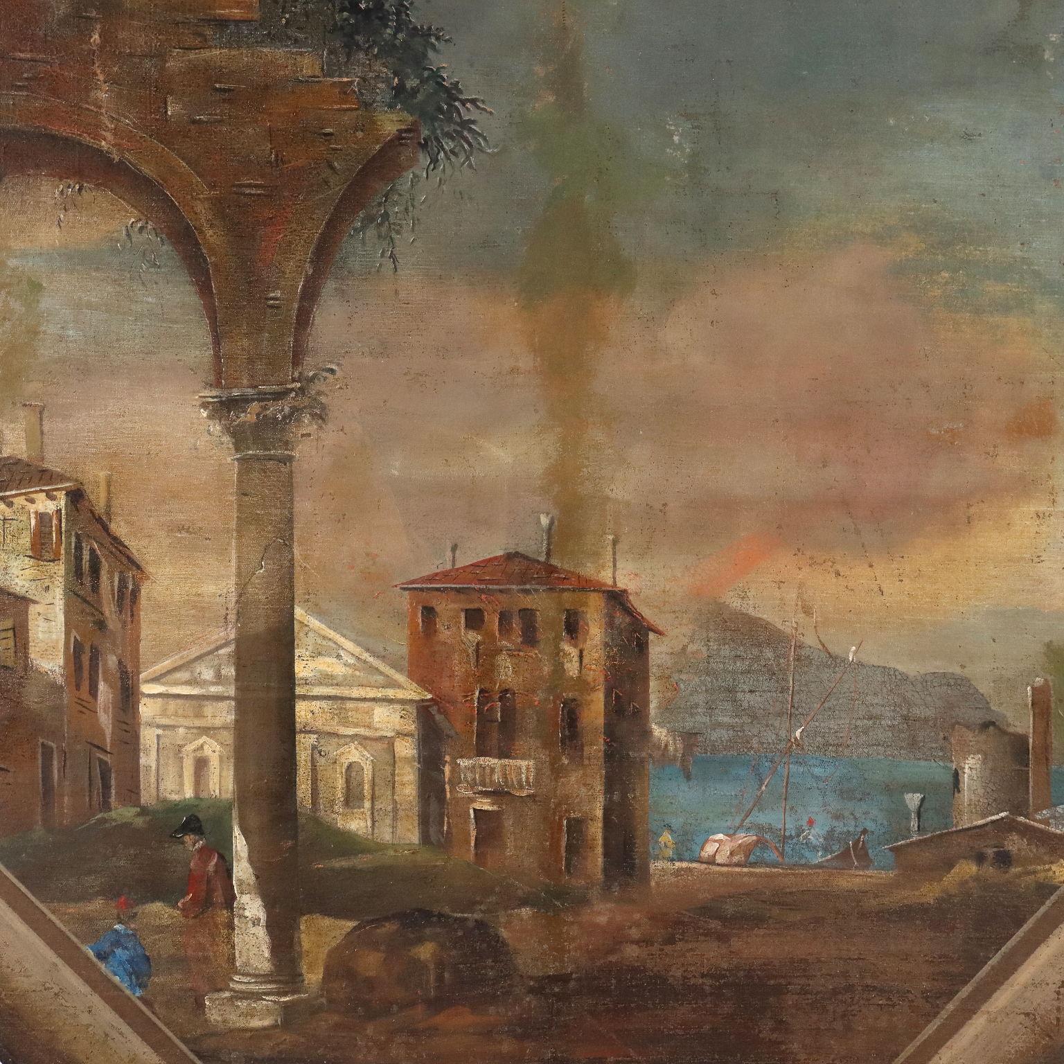 Gemälde Küstenlandschaft mit Gebäuden und Figuren 18. Jahrhundert (Sonstige Kunststile), Painting, von Unknown