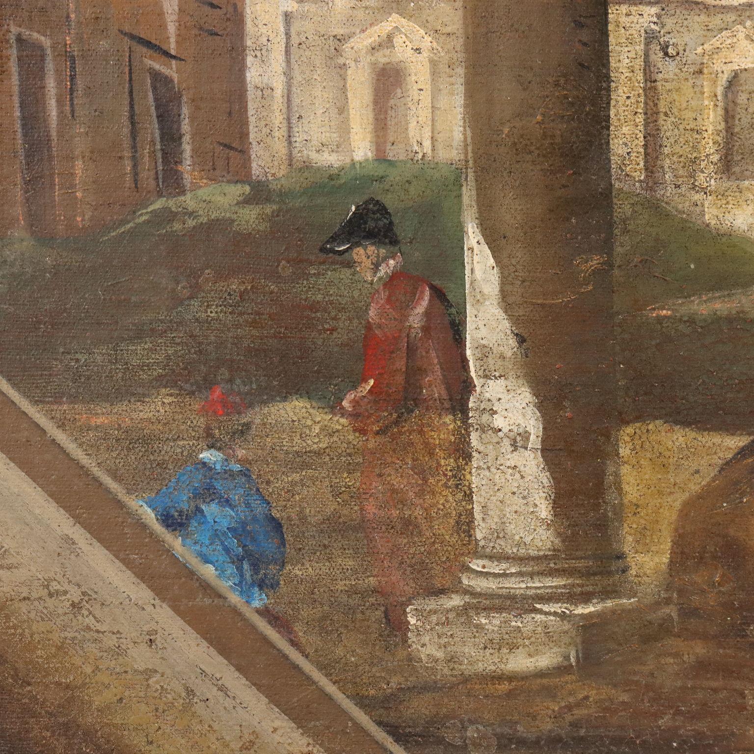 Gemälde Küstenlandschaft mit Gebäuden und Figuren 18. Jahrhundert (Brown), Landscape Painting, von Unknown