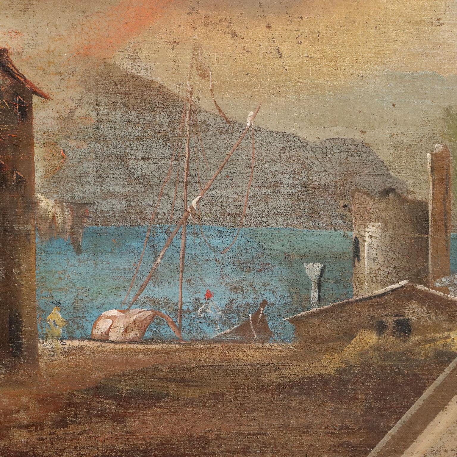 Öl auf Leinwand.
Das großformatige Gemälde mit achteckigem Umriss zeigt eine Landschaft in einem gemalten Rahmen mit Friesen und gehört zur Kategorie der zu dekorativen Zwecken konzipierten Malerei des 18.
Die Landschaft zeigt ein Dorf in Küstennähe