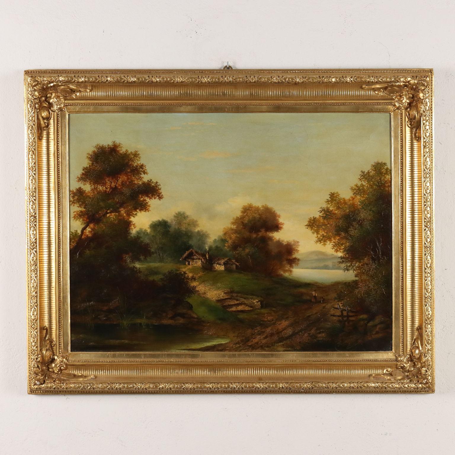 Malerei Landschaft mit Figuren 19.-20. Jahrhundert – Painting von Unknown