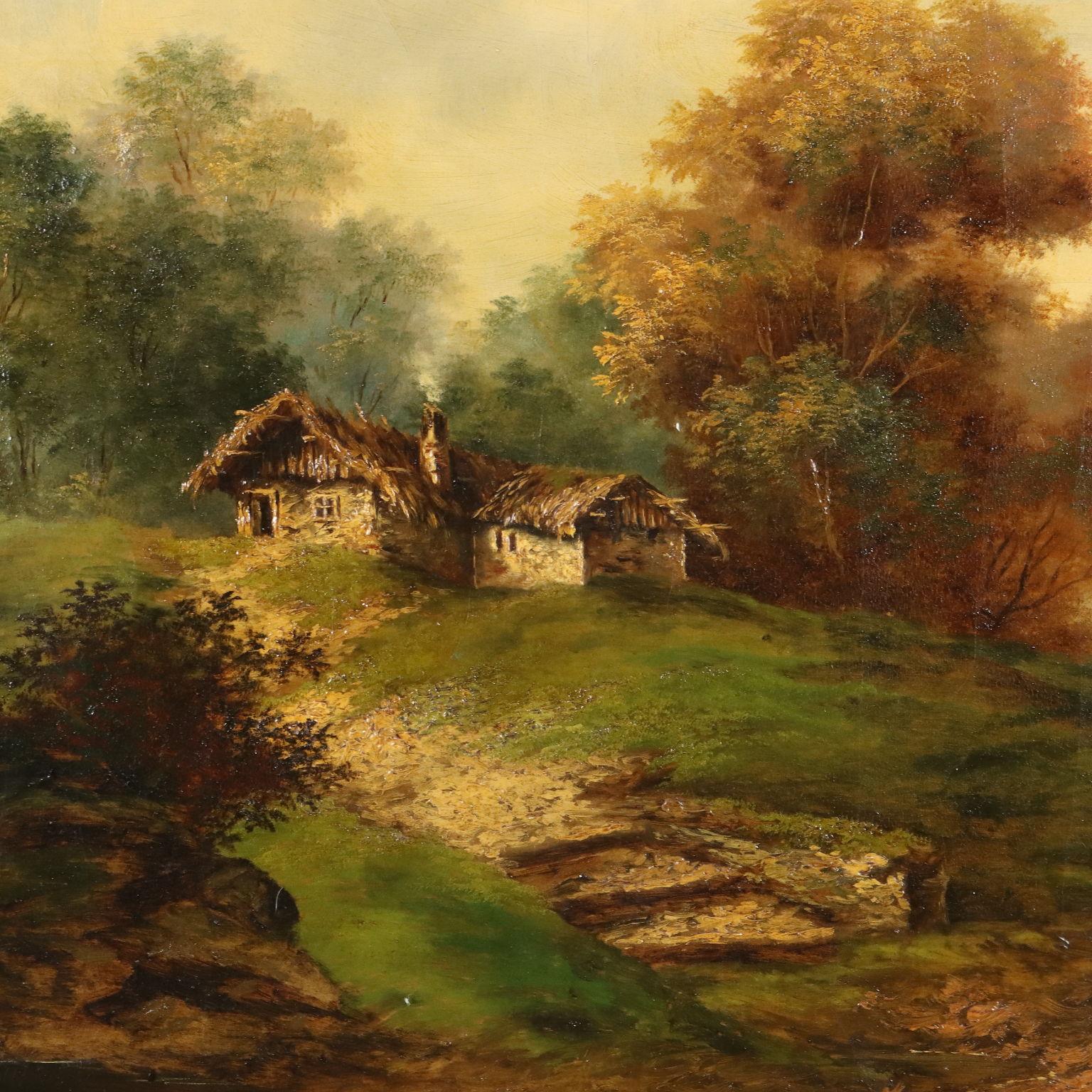 Öl auf Leinwand. Mitteleuropäische Schule des ausgehenden 19. und beginnenden 20. Unbekannte Signatur unten rechts.
Grüne Landschaft mit belaubten Bäumen in der  auf dem breiten Weg nach rechts, der zu einem See führt, sieht man die Figuren einer