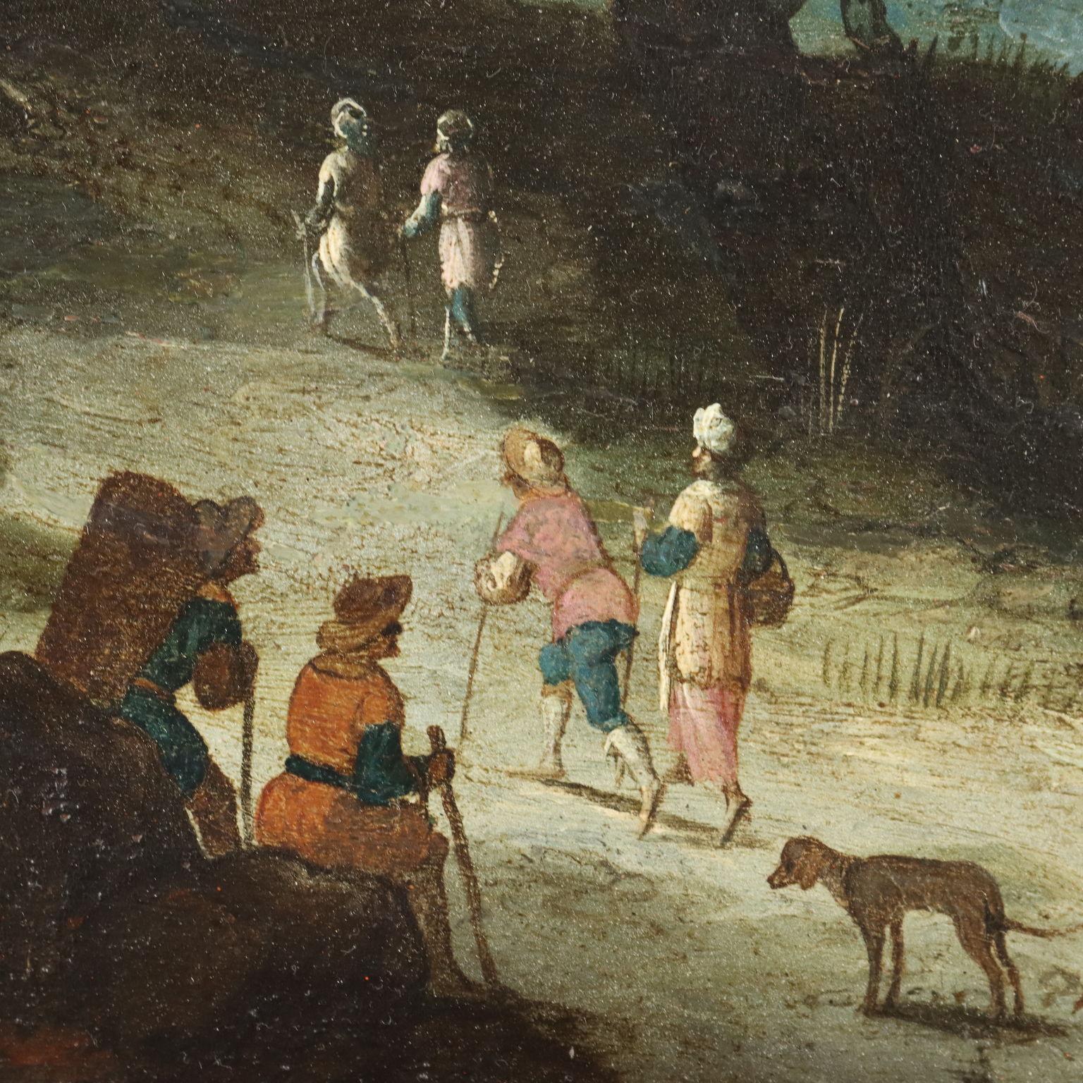 Painting Flemish Landscape with Figures 16th century 1