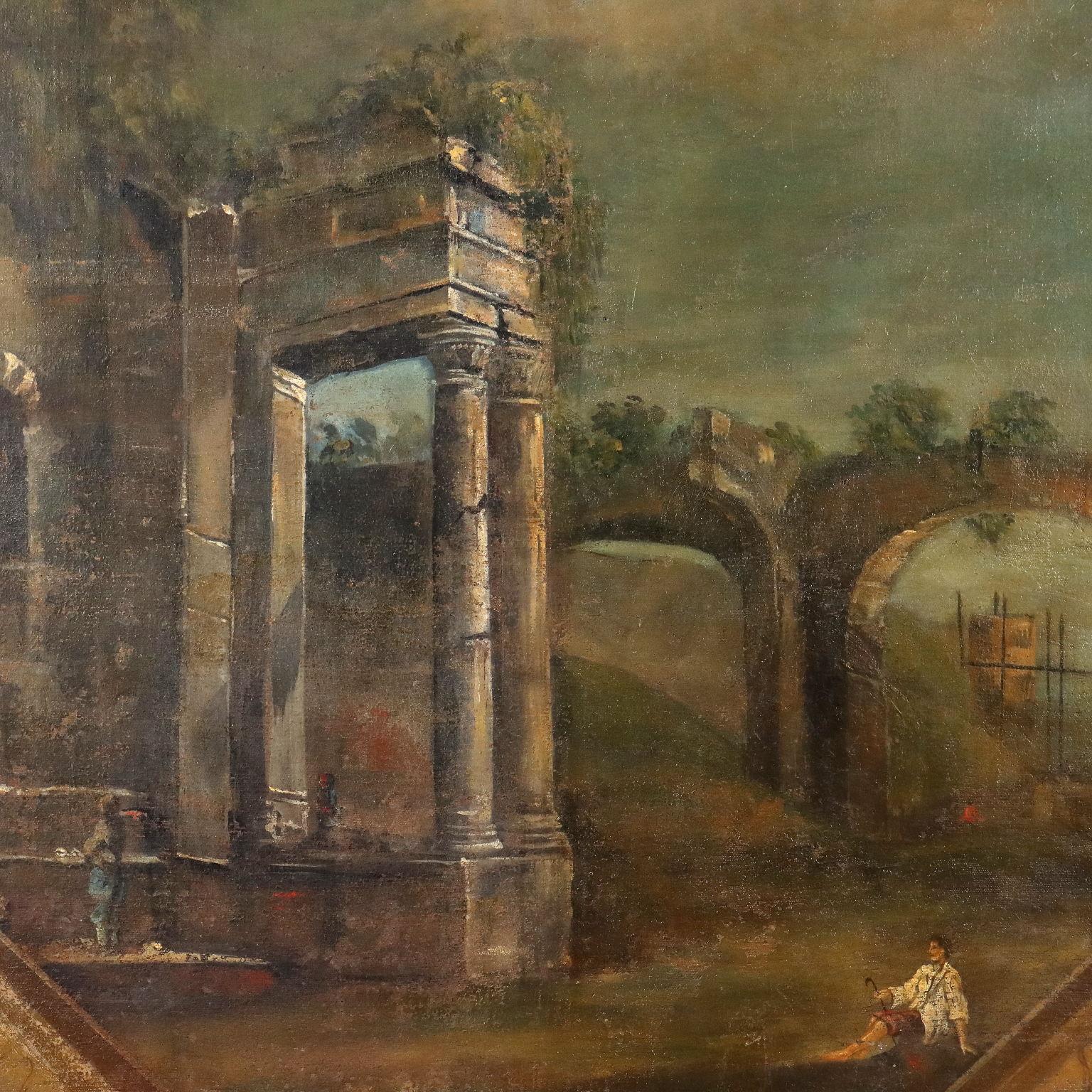 Paysage fluvial peint avec architecture 18e siècle - Autres styles artistiques Painting par Unknown