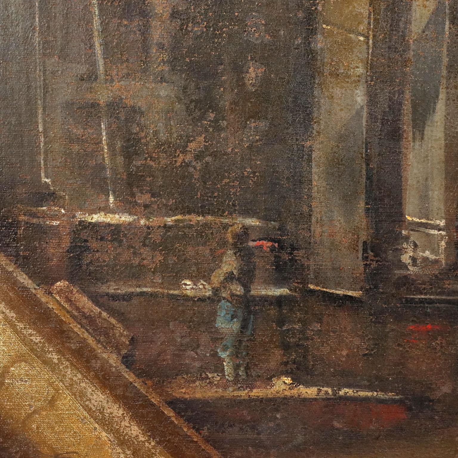 Paysage fluvial peint avec architecture 18e siècle - Marron Landscape Painting par Unknown