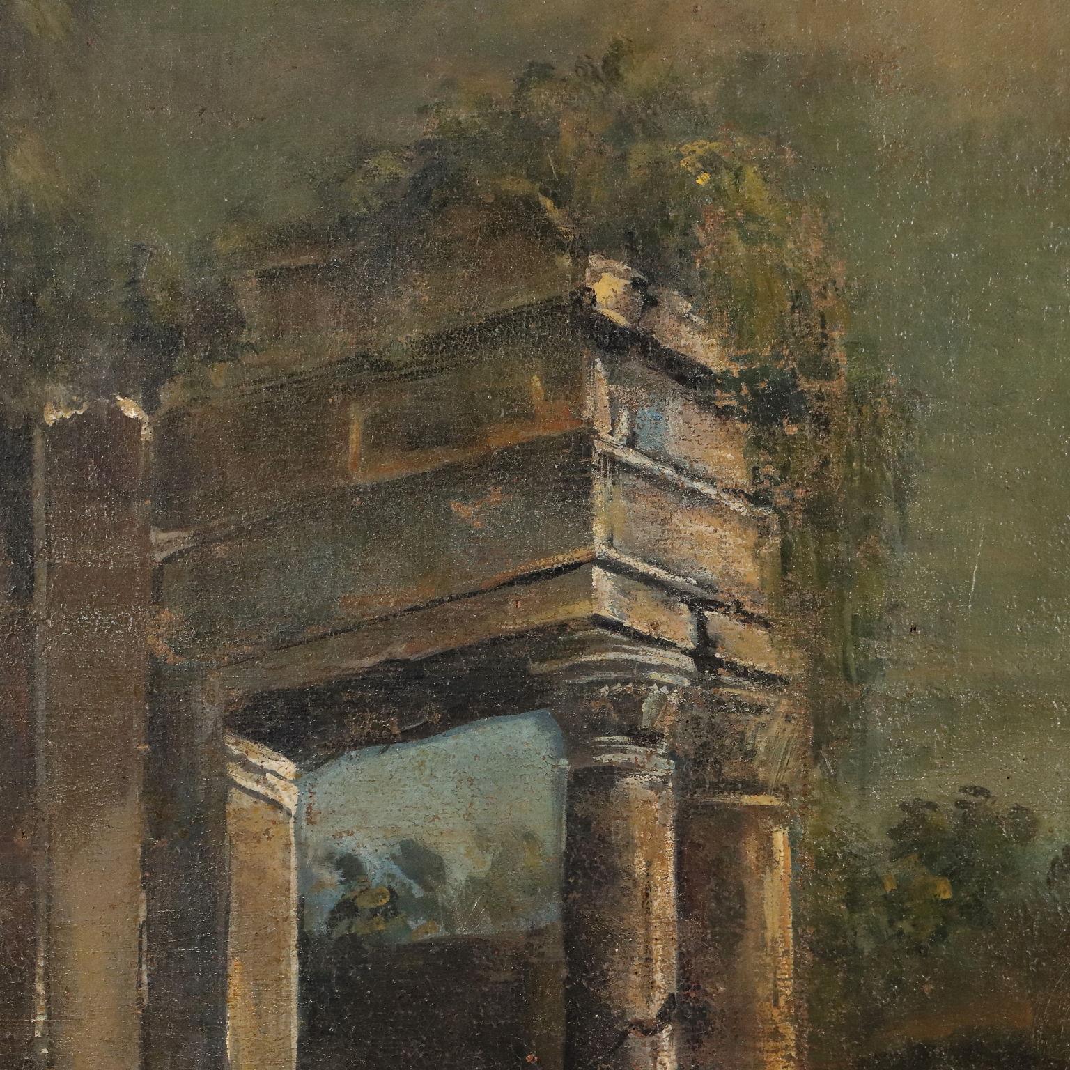 Huile sur toile. De grand format et de forme octogonale, la toile présente un paysage inscrit dans un cadre peint avec des frises, s'inscrivant dans la catégorie des peintures du XVIIIe siècle conçues à des fins décoratives.
La scène se déroule au