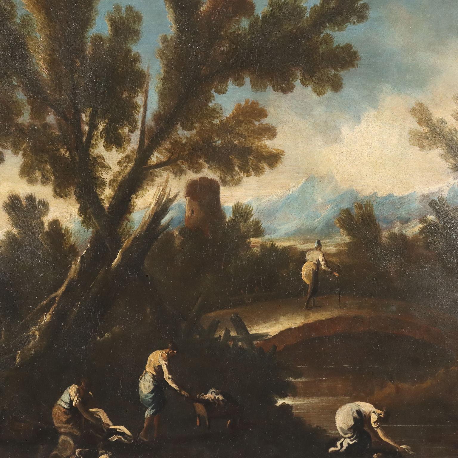Dipinto Paesaggio Fluviale con Figure XVIII secolo (Sonstige Kunststile), Painting, von Unknown