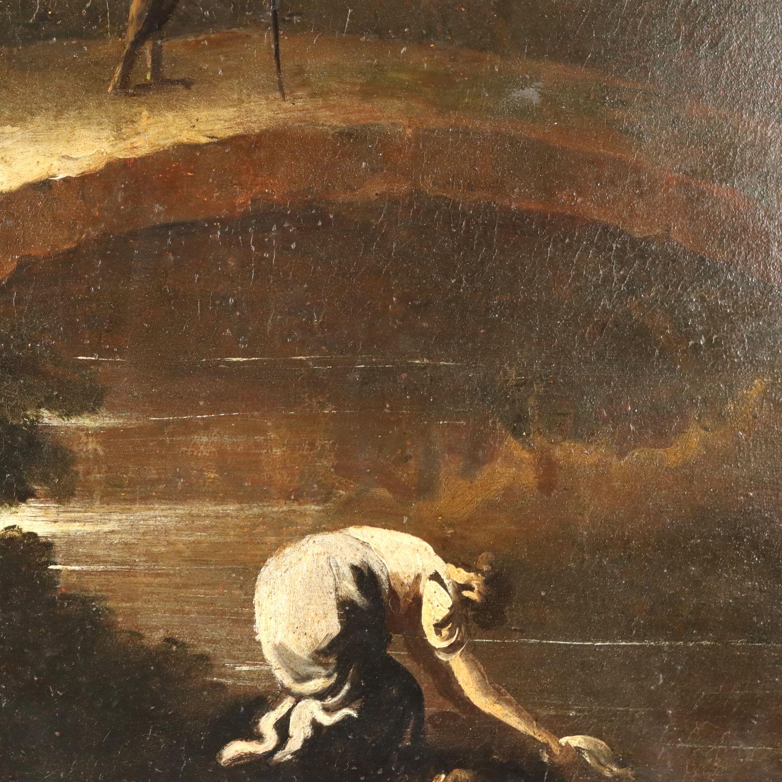 Olio su tela.
Il paesaggio di una campagna ricca di vegetazione e sul cui sfondo si apre una catena montuosa di cime aguzze, è animato dalla presenza di tre lavandaie, che vanno al fiume con le carriole piene di panni, mentre un viandante traversa