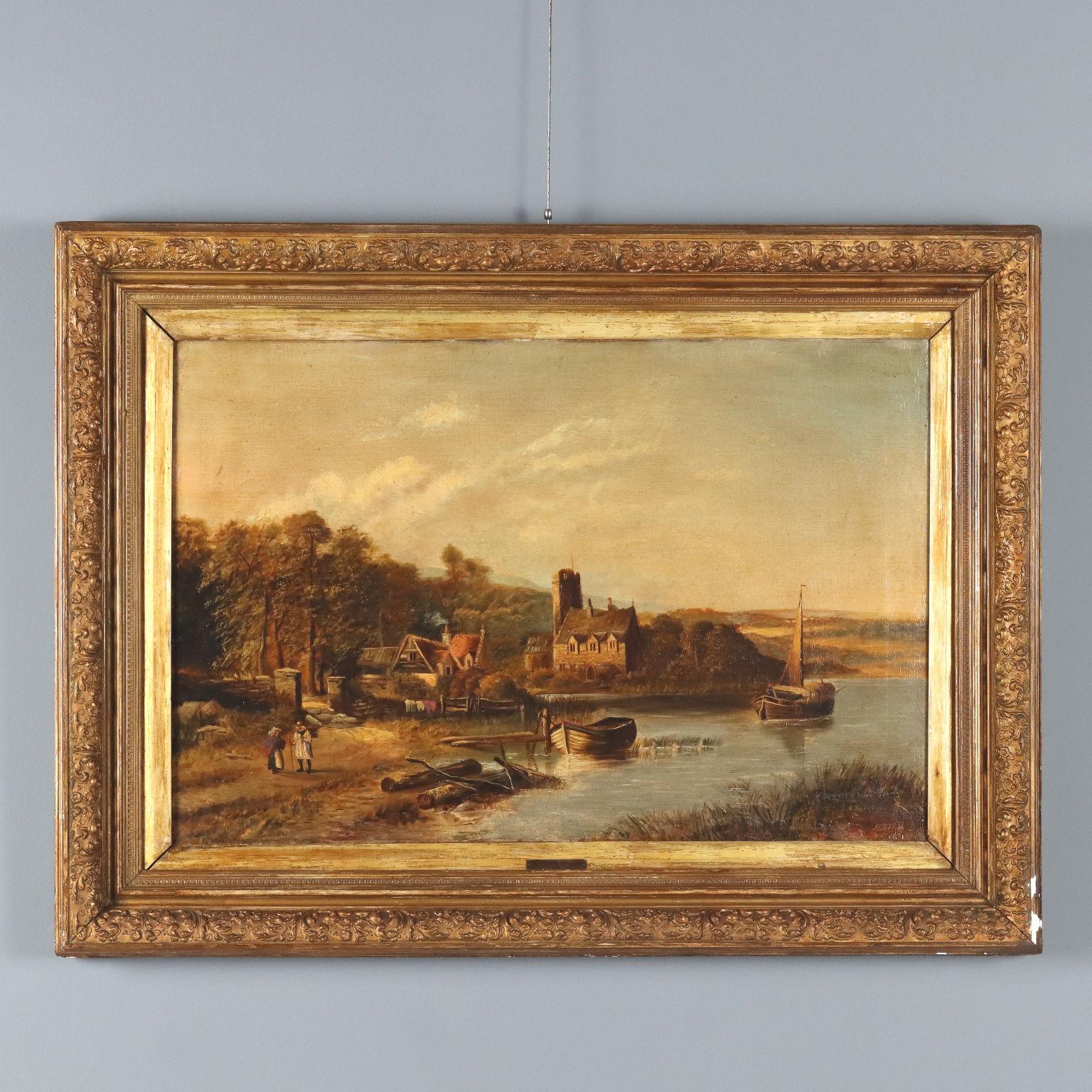 Landscape Painting di Unknown - Dipinto Paesaggio Fluviale fine 800
