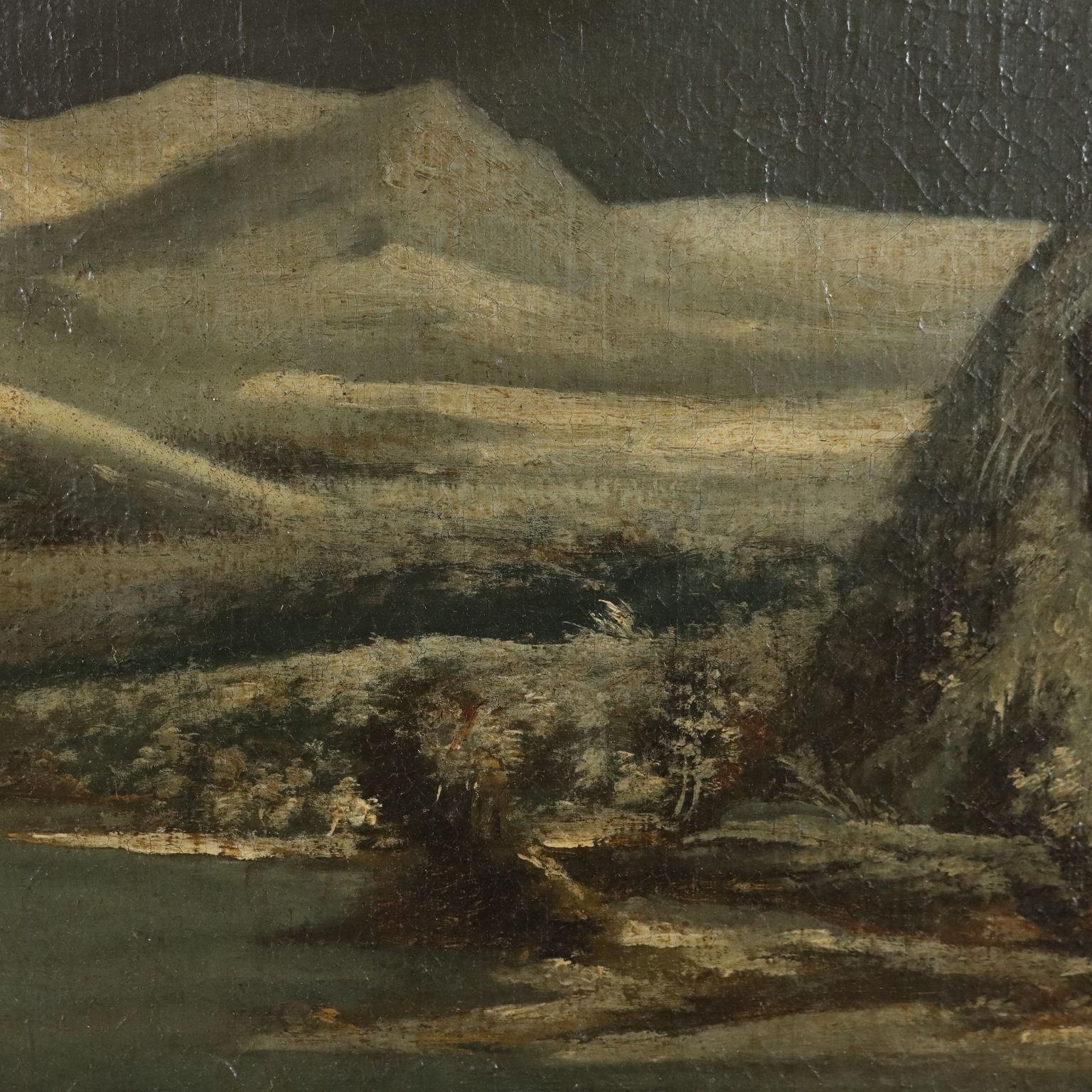 Öl auf Leinwand.
Die breite  der Blick fällt auf eine schneebedeckte Berglandschaft mit einem weiten Tal unter schroffen Gipfeln, in dem sich ein kleiner See auftut; kleine Figuren von Wanderern gehen auf dem Weg vom Dorf auf der linken Seite.
Das