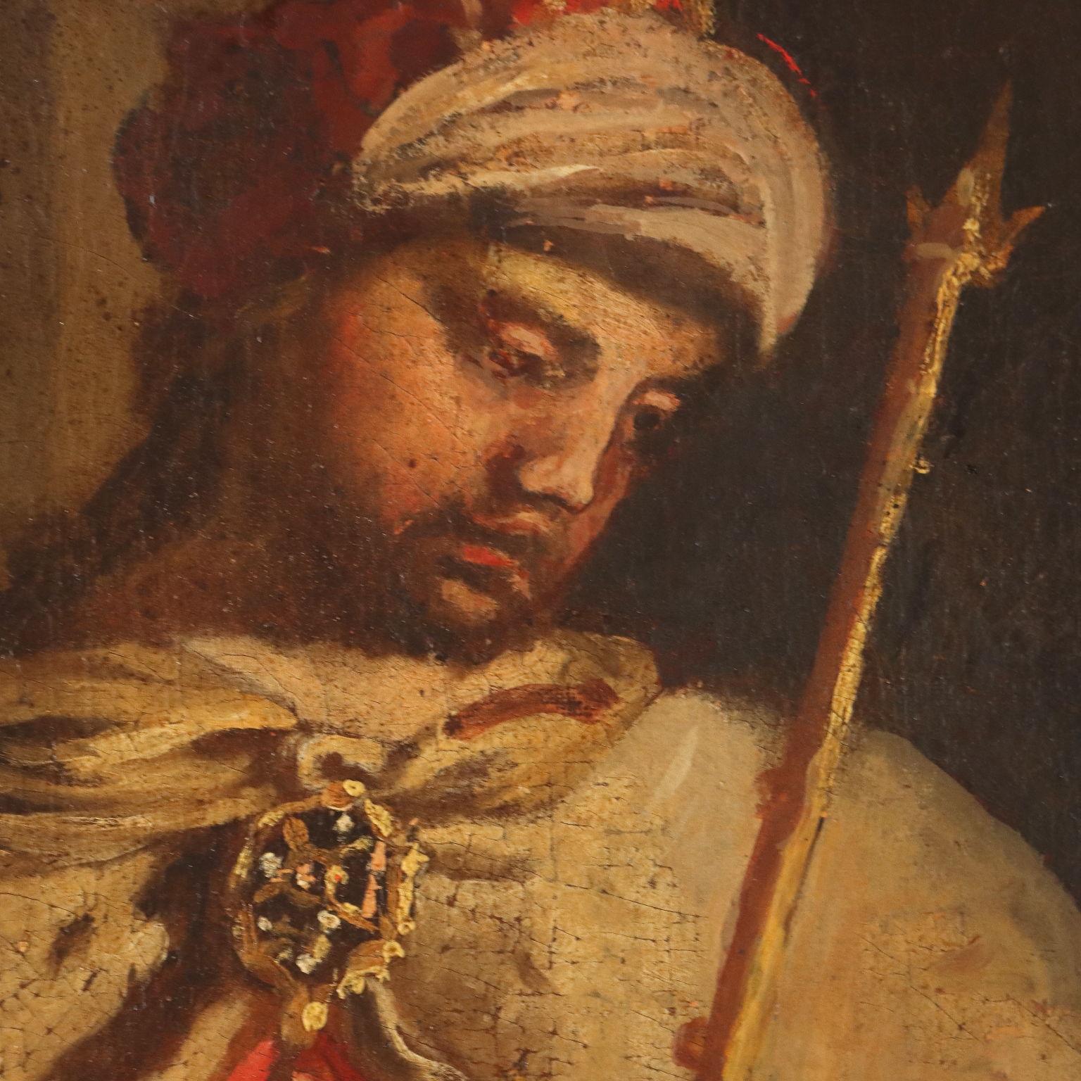 Öl auf Leinwand. Norditalienische Schule des 17. Jahrhunderts.
Das große Gemälde thematisiert ein bekanntes Thema des Alten Testaments, den Reichtum König Salomos, von dem im ersten Buch der Könige berichtet wird: 
