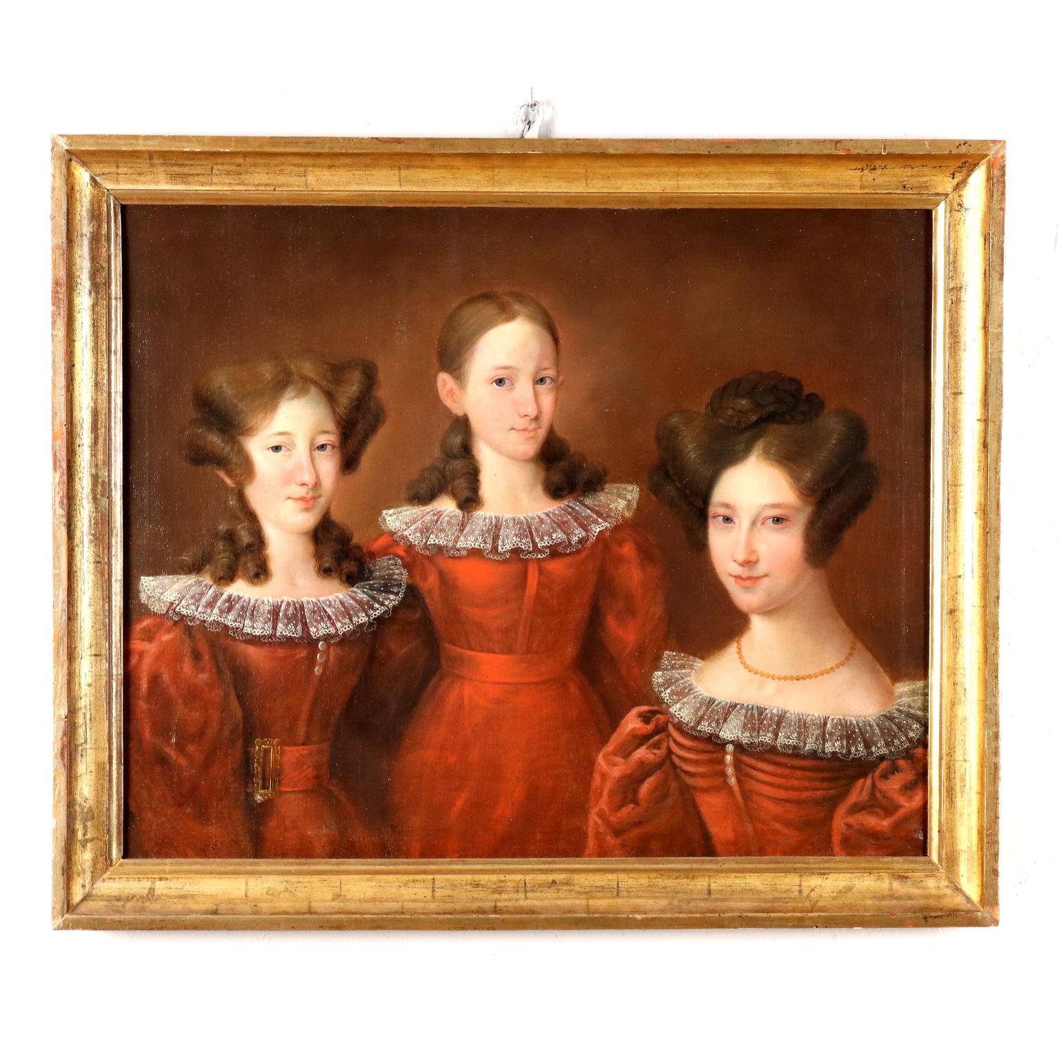 Unknown Portrait Painting - Dipinto Ritratto delle Tre Sorelle, XIX secolo