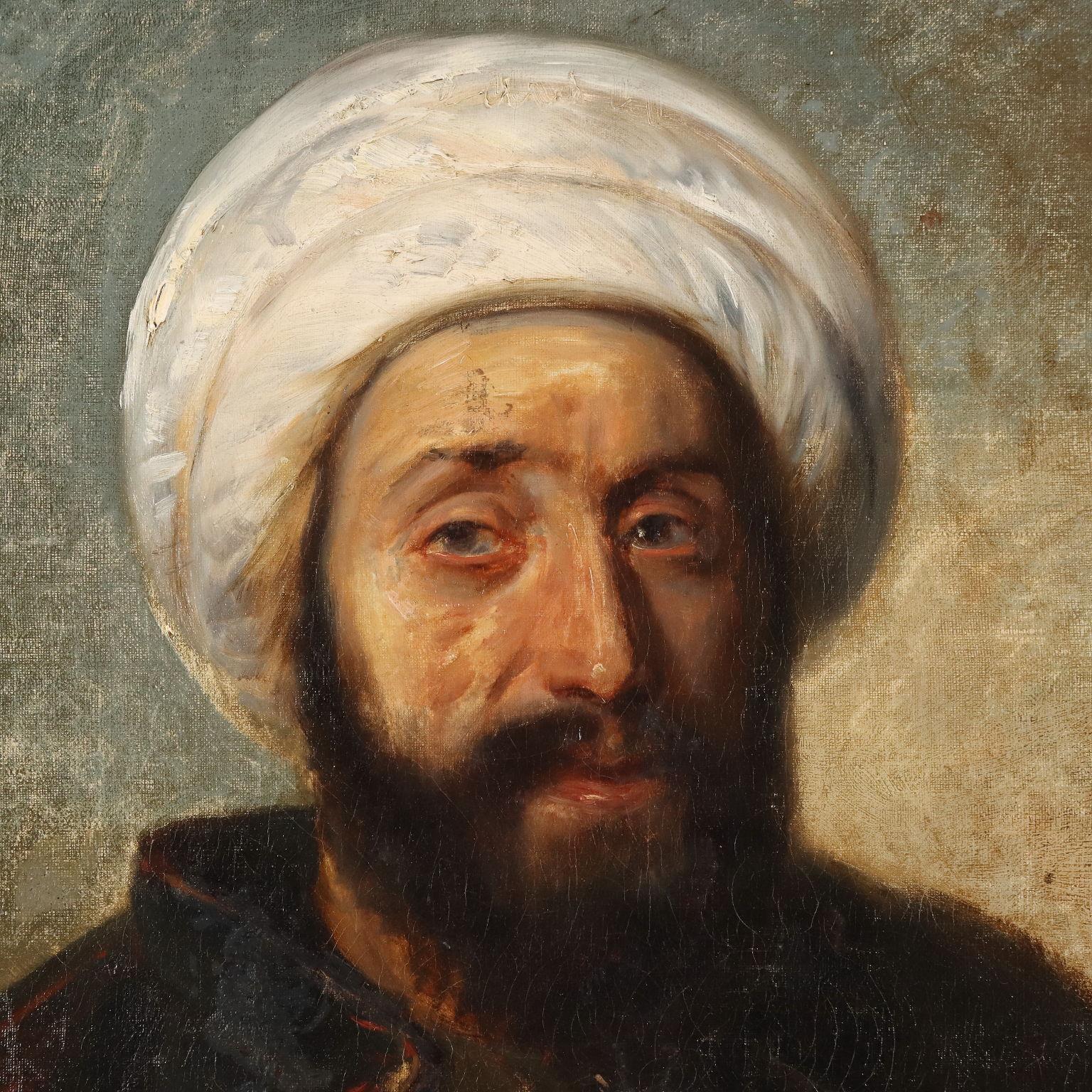 Olio su tela. Seconda metà del XIX secolo.
Intenso ritratto in primo piano di uomo probabilmente nord- africano, che rientra nel periodo artistico definito  orientalista, ovvero in quella produzione artistica che subì il fascino del mondo orientale,