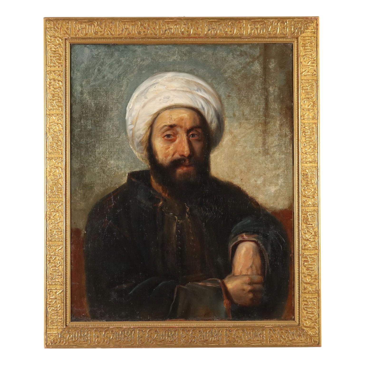 Portrait Painting de Unknown - Dipinto Ritratto di Arabo con Turbante XIX secolo