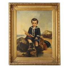 Antique Dipinto Ritratto di Bambino XIX secolo