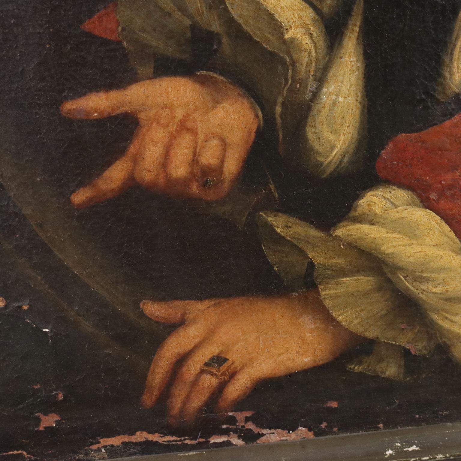 Olio su tela. Scuola olandese del XVII secolo.
Il giovane nobiluomo, molto serio, si affaccia da una cornice dipinta ovale, su cui appoggia la mano a ostentare  l'anello del casato.
Il dipinto, già ritelato e applicato su telaio recente, necessita