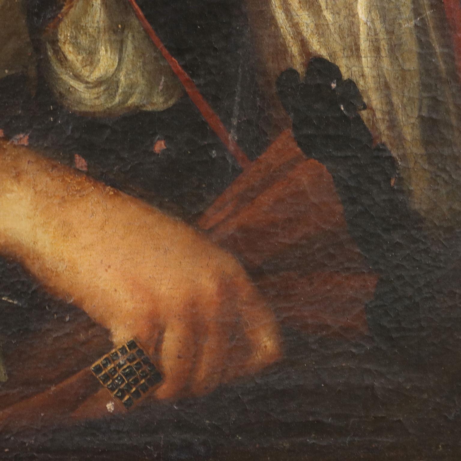 Huile sur toile. École hollandaise du XVIIe siècle. 
Le jeune noble, très sérieux, regarde un cadre peint ovale, sur lequel il appuie sa main pour montrer sa bague de famille. 
La peinture, qui a déjà été retouchée et appliquée sur un cadre récent,