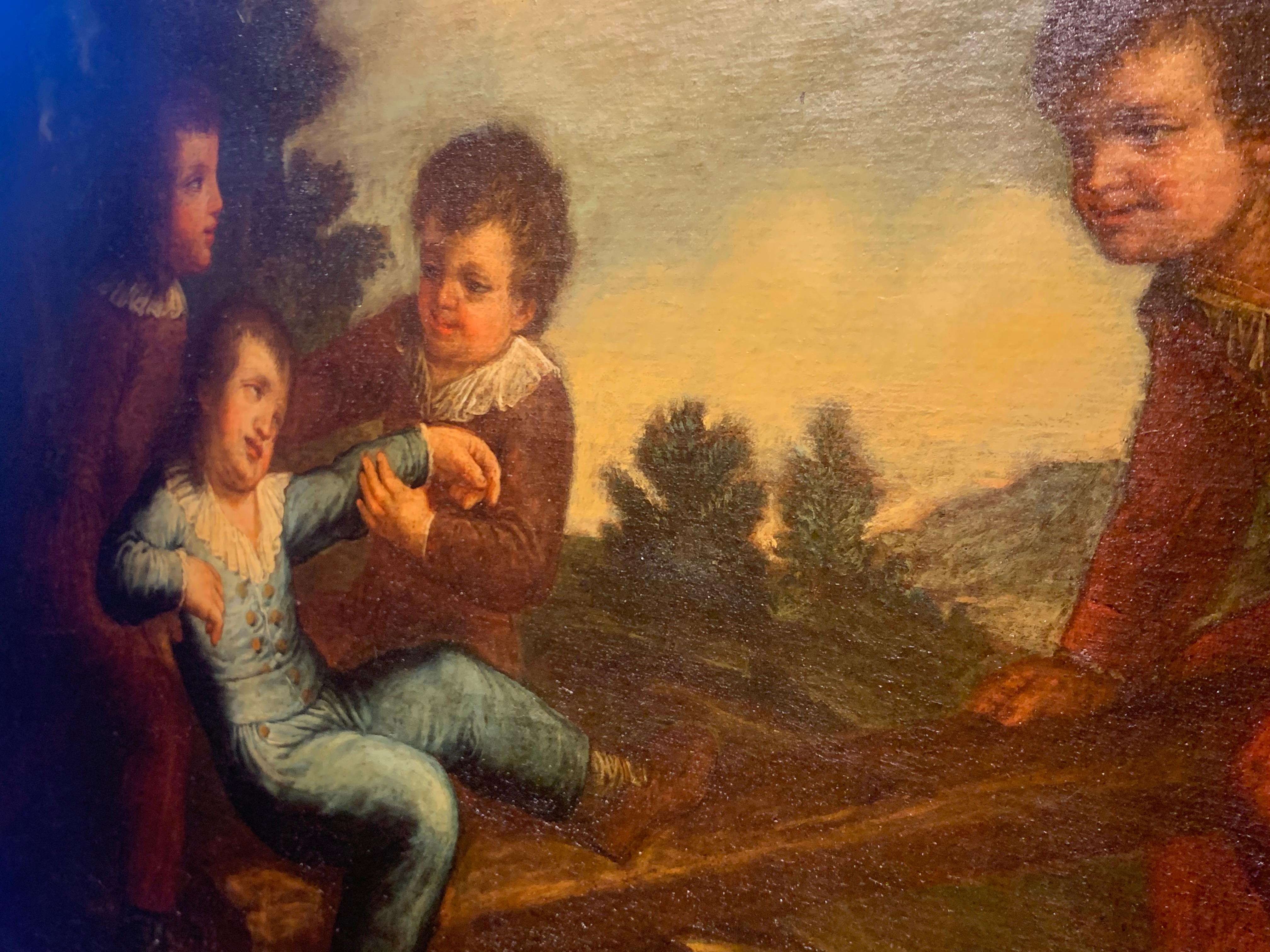 Das Gemälde (mit vergoldetem Rahmen im Stil von Salvador Rosa 88 x 116 cm) zeigt eine Gruppe von vier Kindern, die im Freien auf einer Schaukel spielen, wahrscheinlich ein Scherz, wie der zufriedene Gesichtsausdruck des Kindes auf der rechten Seite