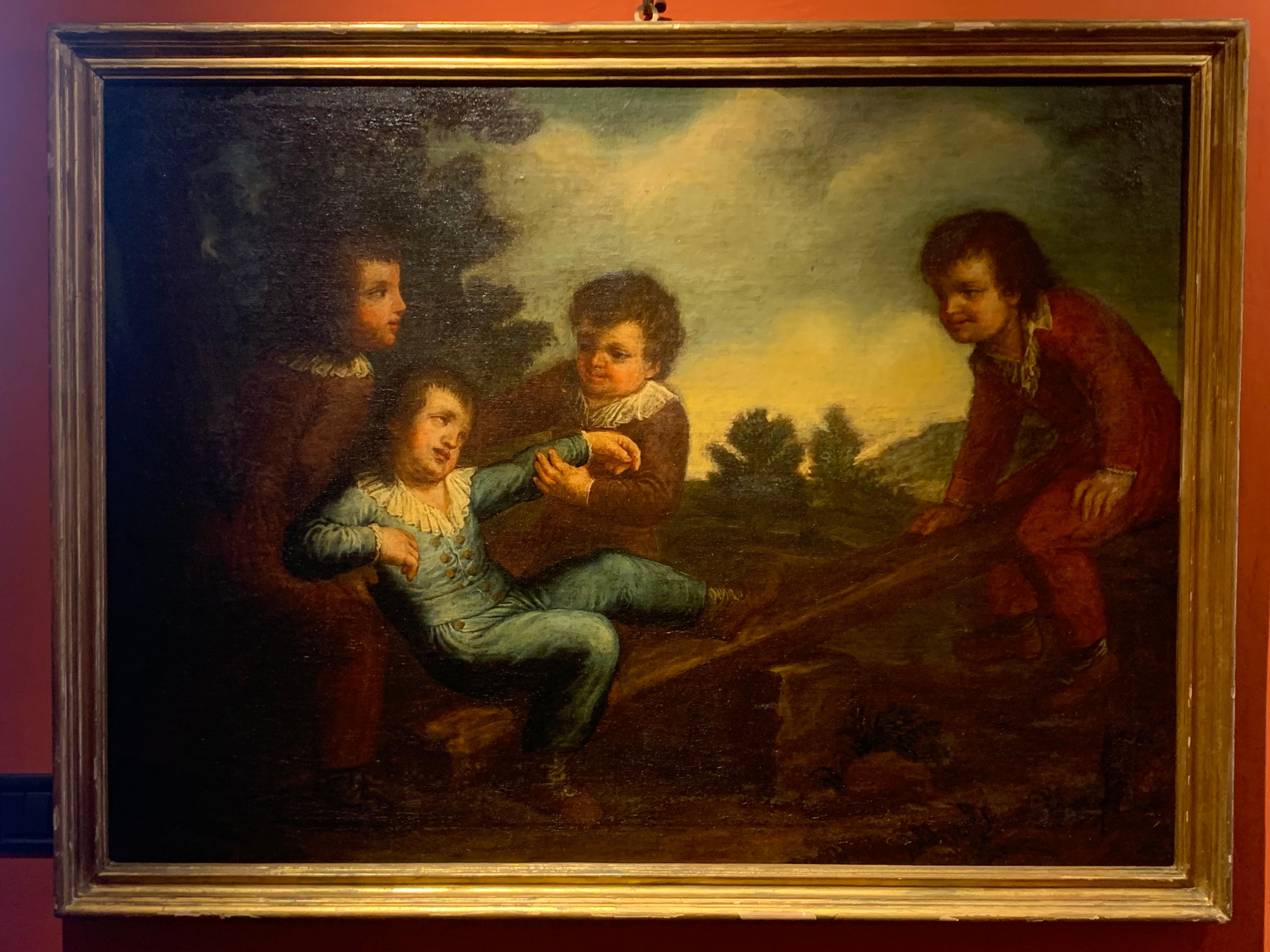 Peinture rococo avec cadre de l'école vénitienne du XVIIIe siècle huile sur toile 
