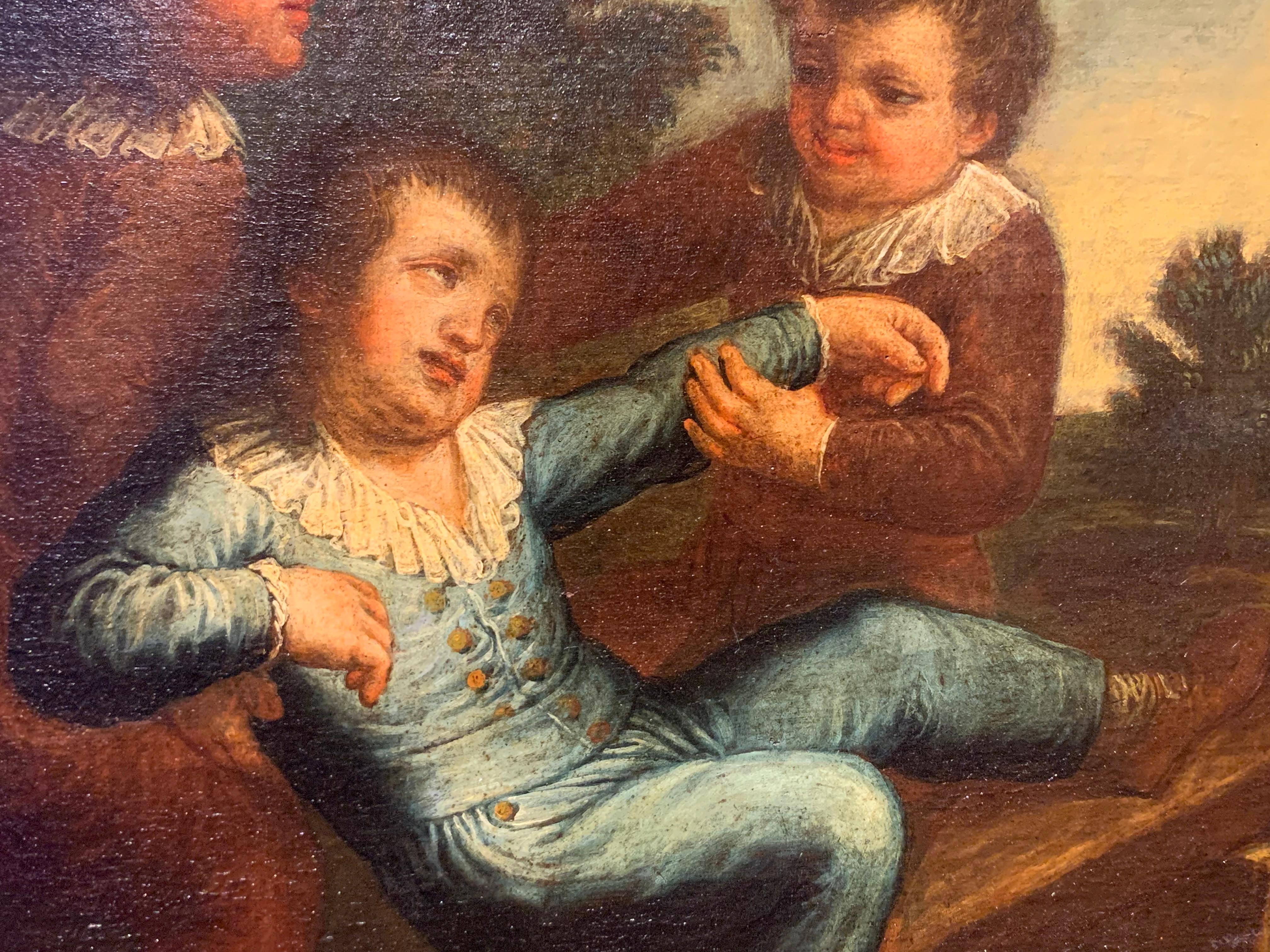 Le tableau (huile sur toile 80 x 106 cm ; avec cadre doré dans le style de Salvador Rosa 88 x 116 cm) représente un groupe de quatre enfants jouant dehors sur une balançoire. Il s'agit probablement d'une farce, comme le montre l'expression