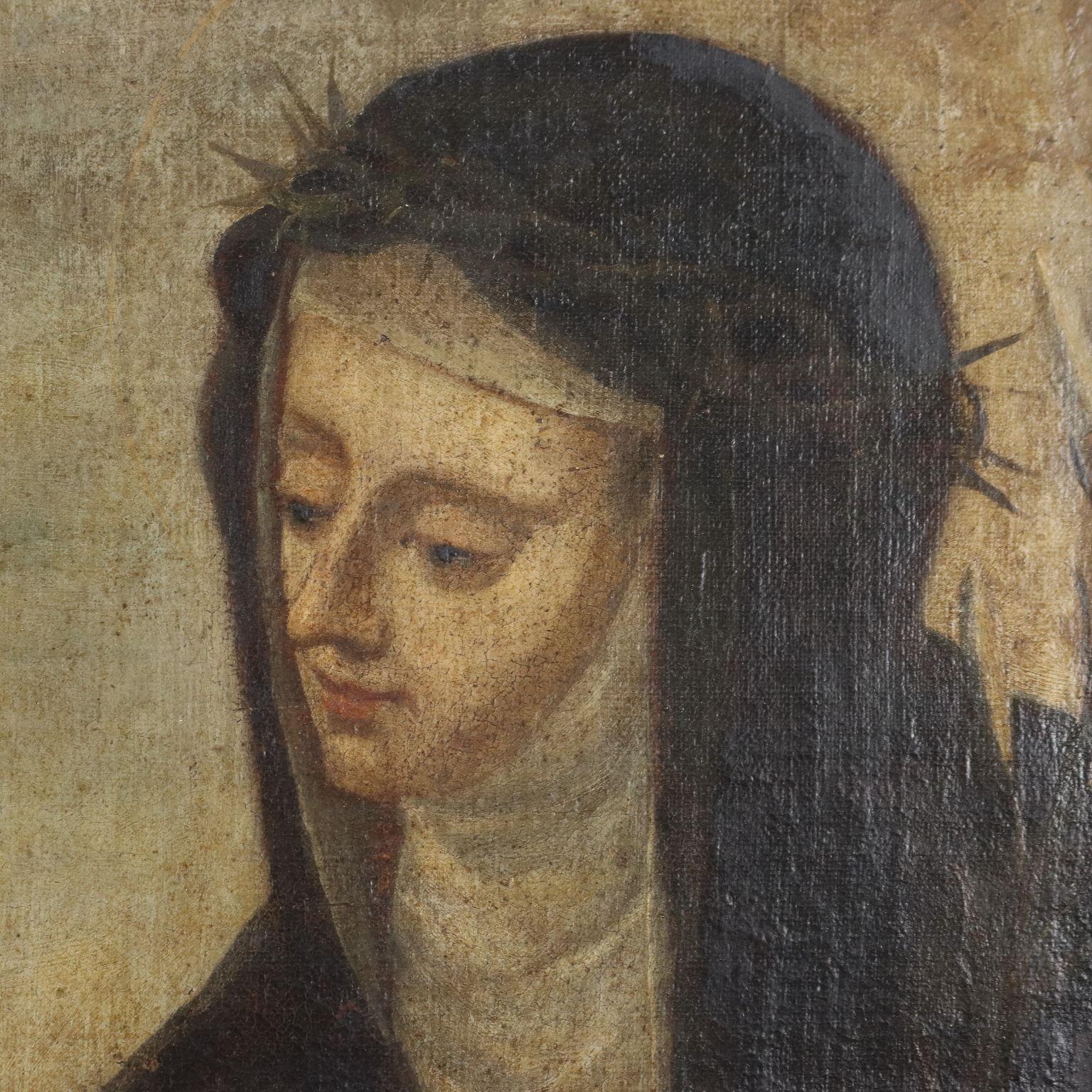Öl auf Leinwand. Venetische Schule des 17. Jahrhunderts.
Die Figuren, die im Vordergrund in halber Länge dargestellt sind, zeigen in der Mitte Maria, die das Jesuskind in den Armen hält, dahinter links den heiligen Josef und darunter den kleinen