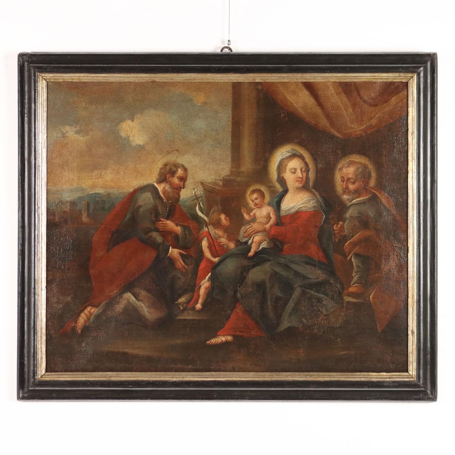 Dipinto Sacra Famiglia con Santi XVII-XVIII secolo - Painting by Unknown