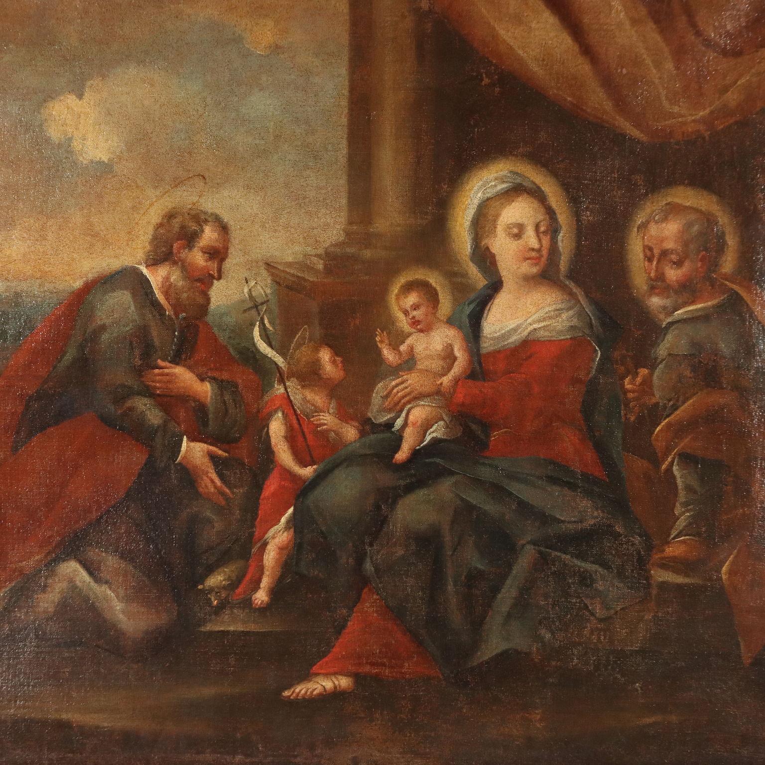 Dipinto Sacra Famiglia con Santi XVII-XVIII secolo - Brown Figurative Painting by Unknown
