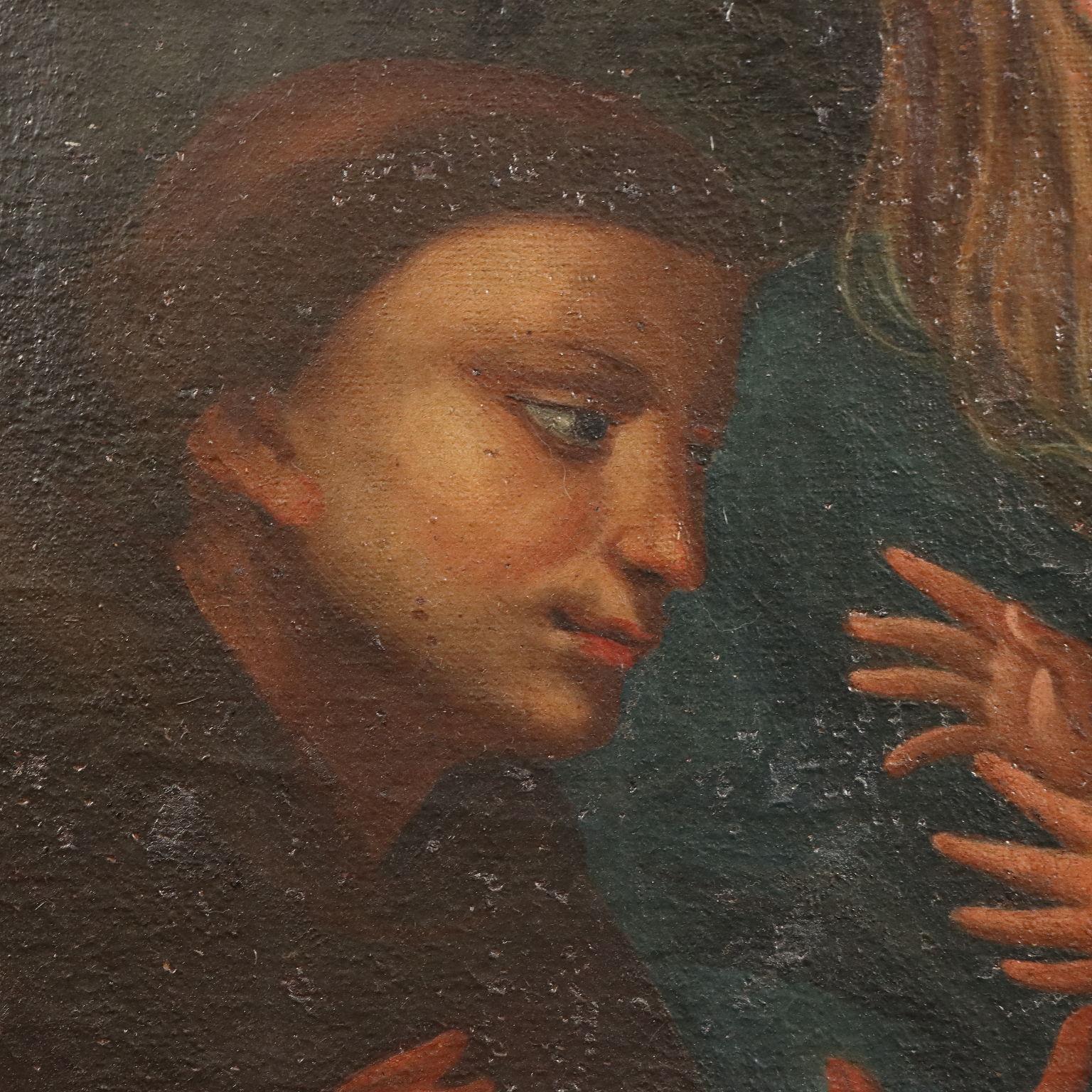 Olio su tela. 
La Sacra Famiglia si rivolge in quest' opera ad un giovane frate in saio francescano, che probabilmente rimanda alla committenza dell' opera: le mani protese del Bambino si protendono ad accoglierlo, sotto lo sguardo protettivo di