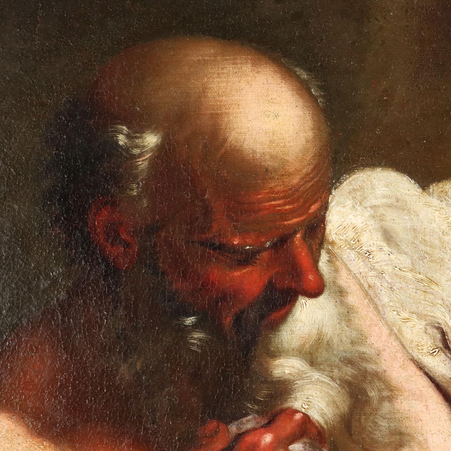 Olio su tela.
Die große Tafel ist fast durchgängig mit der Figur des Heiligen besetzt, der, auf einem Felsen sitzend, in einem gerade errichteten Innenraum meditieren will; der Heilige wird von seinen traditionellen ikonographischen Symbolen