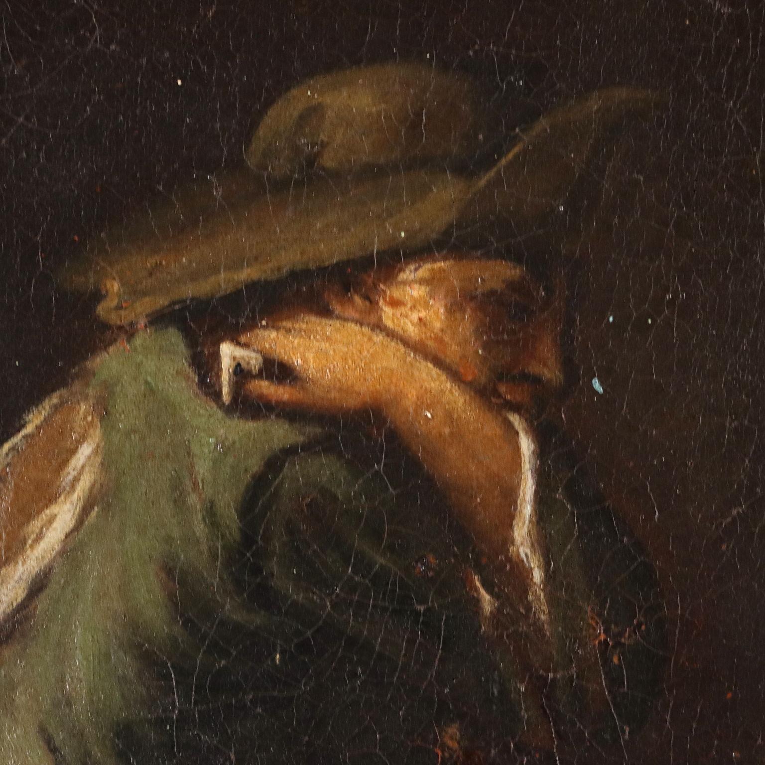 Huile sur toile.
A l'intérieur d'une taverne, des clients jouent aux cartes : l'homme assis à gauche triche, cachant une carte dans le col de son épaisse tunique, sous le regard amusé de l'aubergiste qui arrive.
Les personnages sont grotesques,