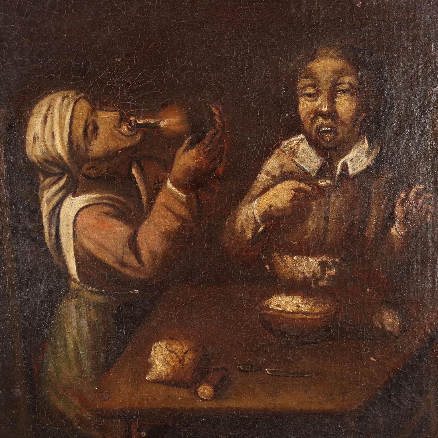 Huile sur toile.
À l'intérieur d'une taverne, qui semble avoir été creusée dans une grotte, ouverte sur une campagne plutôt aride, des hommes mangent, boivent et se détendent à la table près du feu, tandis qu'une femme assise à même le sol les