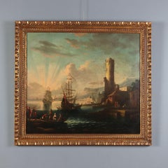 Painting titled "Scene at Porto Olio" on canvas. French school of the 18th century.