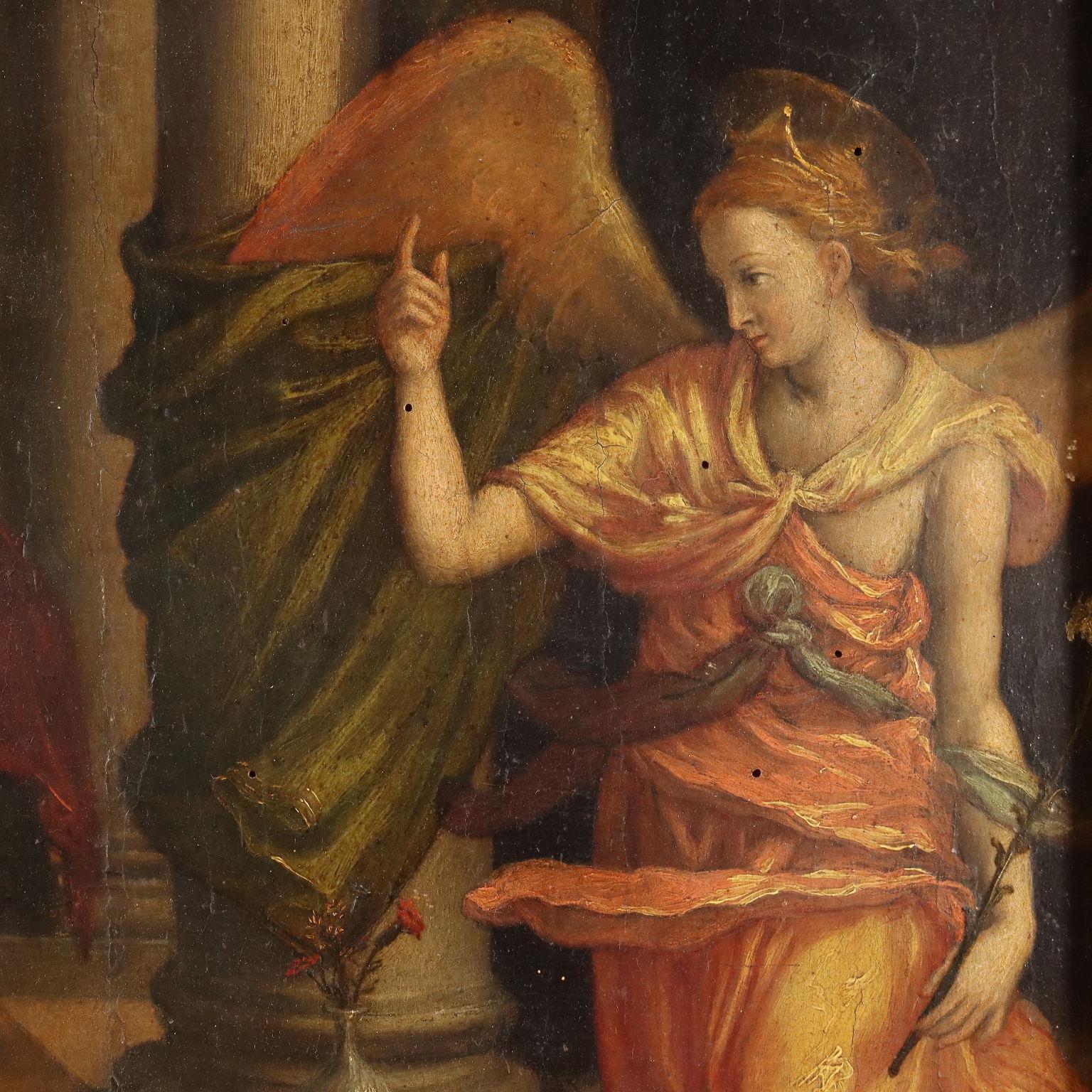 Panel painting Annunciation 16th century - Other Art Style Painting by Unknown