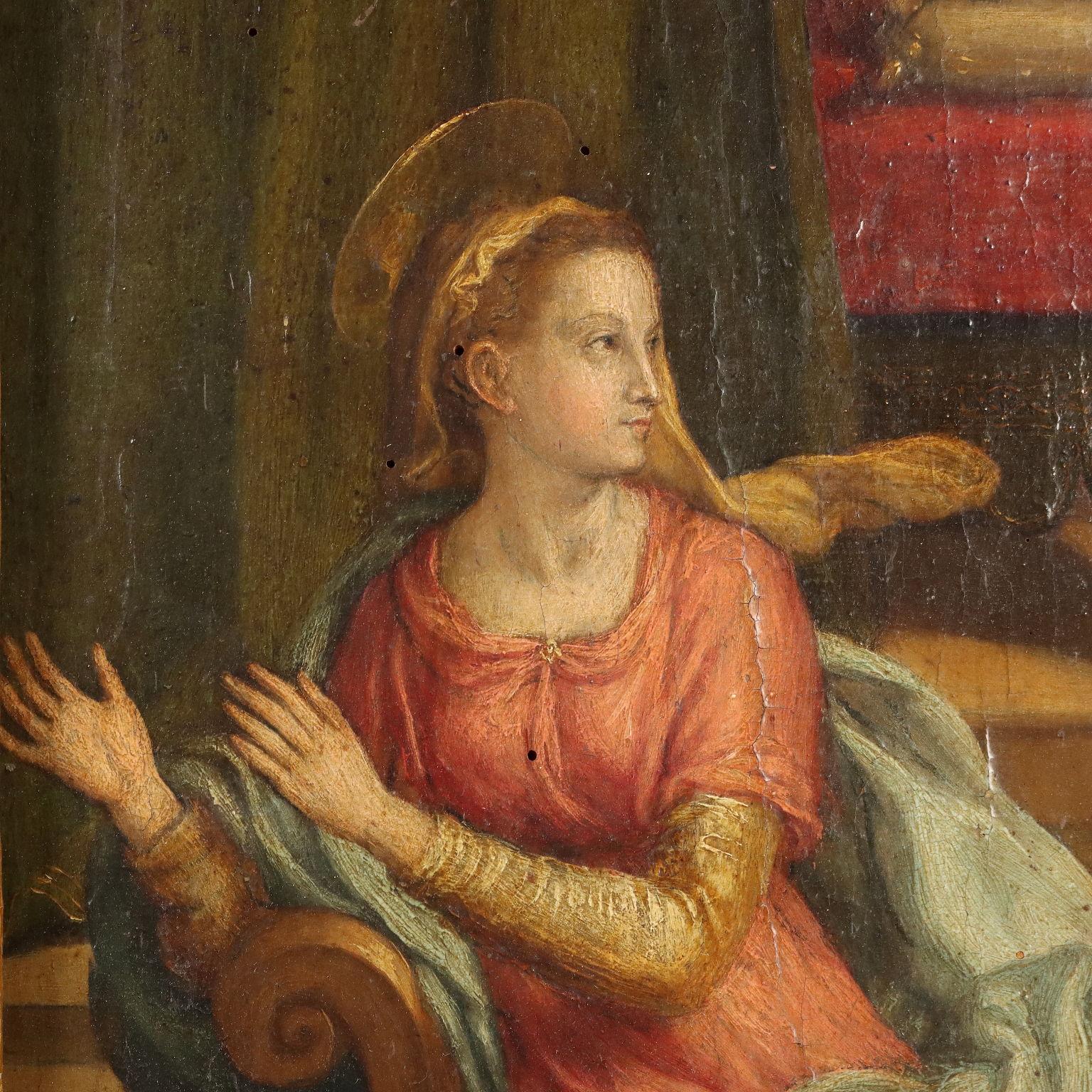 Oil on Board. Central-Italian school of the second half of the 1500s.
The sacred scene of the Annunciation sees the two protagonist figures placed in the foreground in an interior that corresponds to Mary's room.
The young woman is seated in front