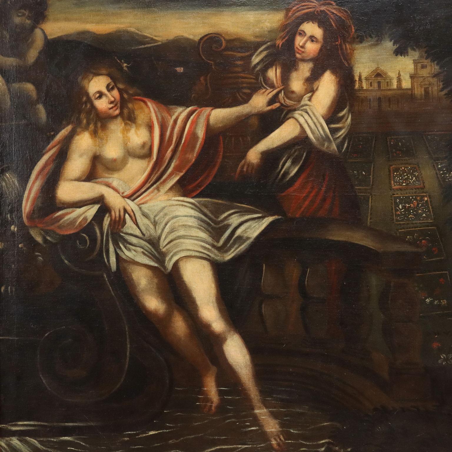 Oil on Canvas.
The subject  depicted recounts a biblical episode from the Old Testament: Susanna, the beautiful and chaste bride of Ioachim, a wealthy Jew, is undermined by two elderly judges of the people as she indulges in a bath in his garden.