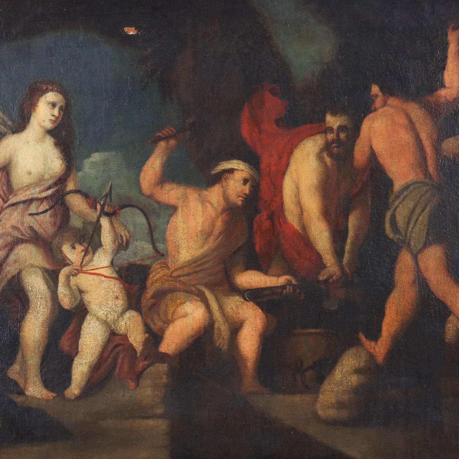 Oil on Canvas. Roman school of the 17th century.
In classical mythology, the goddess Venus, wife of Vulcan, had him forge weapons for her son Aeneas.
In the scene, set in the cave where the forge is located, Vulcan is  in fact forging on the 'anvil